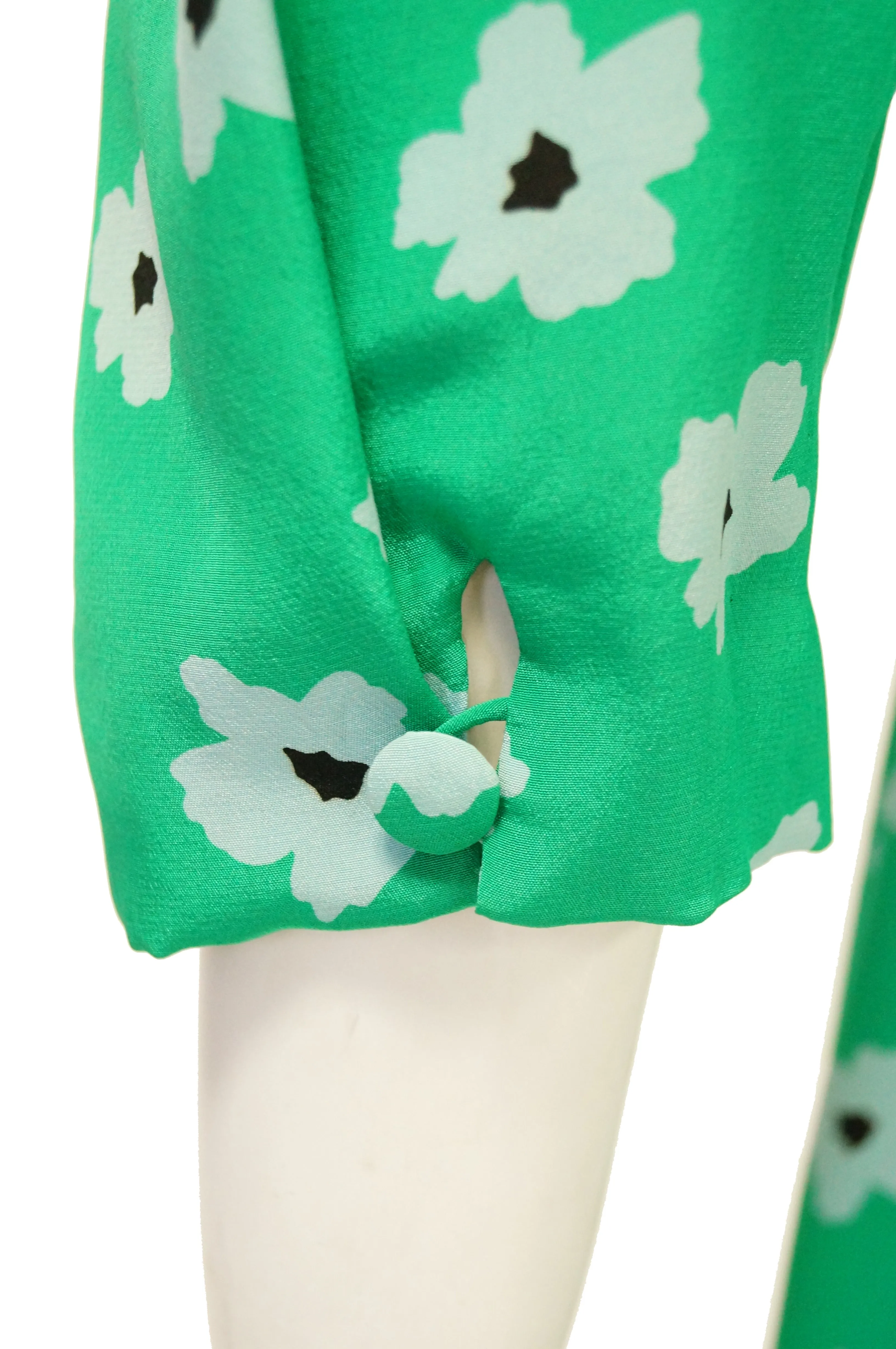 1980s Nina Ricci Green Floral Silk Dress