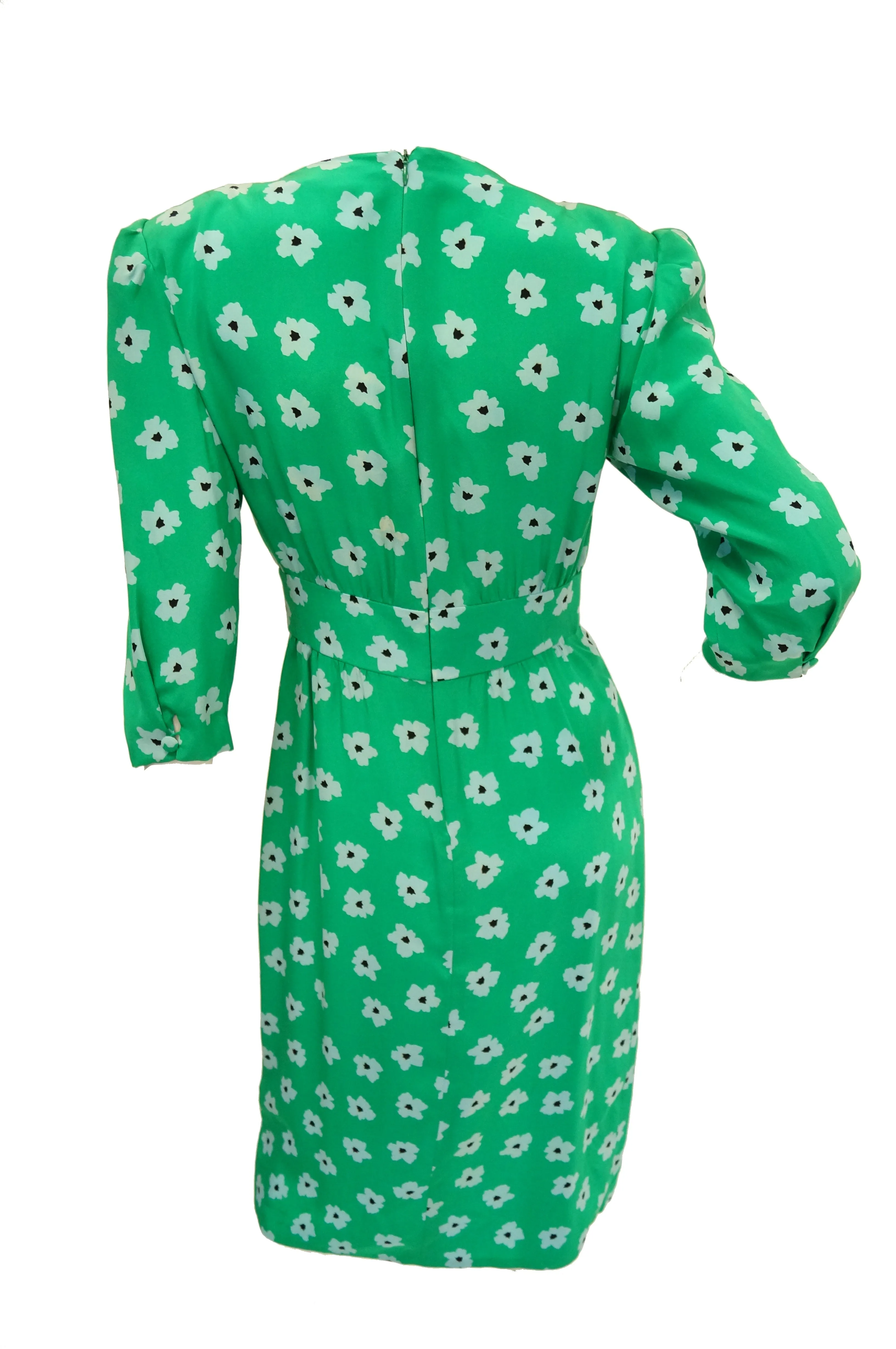 1980s Nina Ricci Green Floral Silk Dress