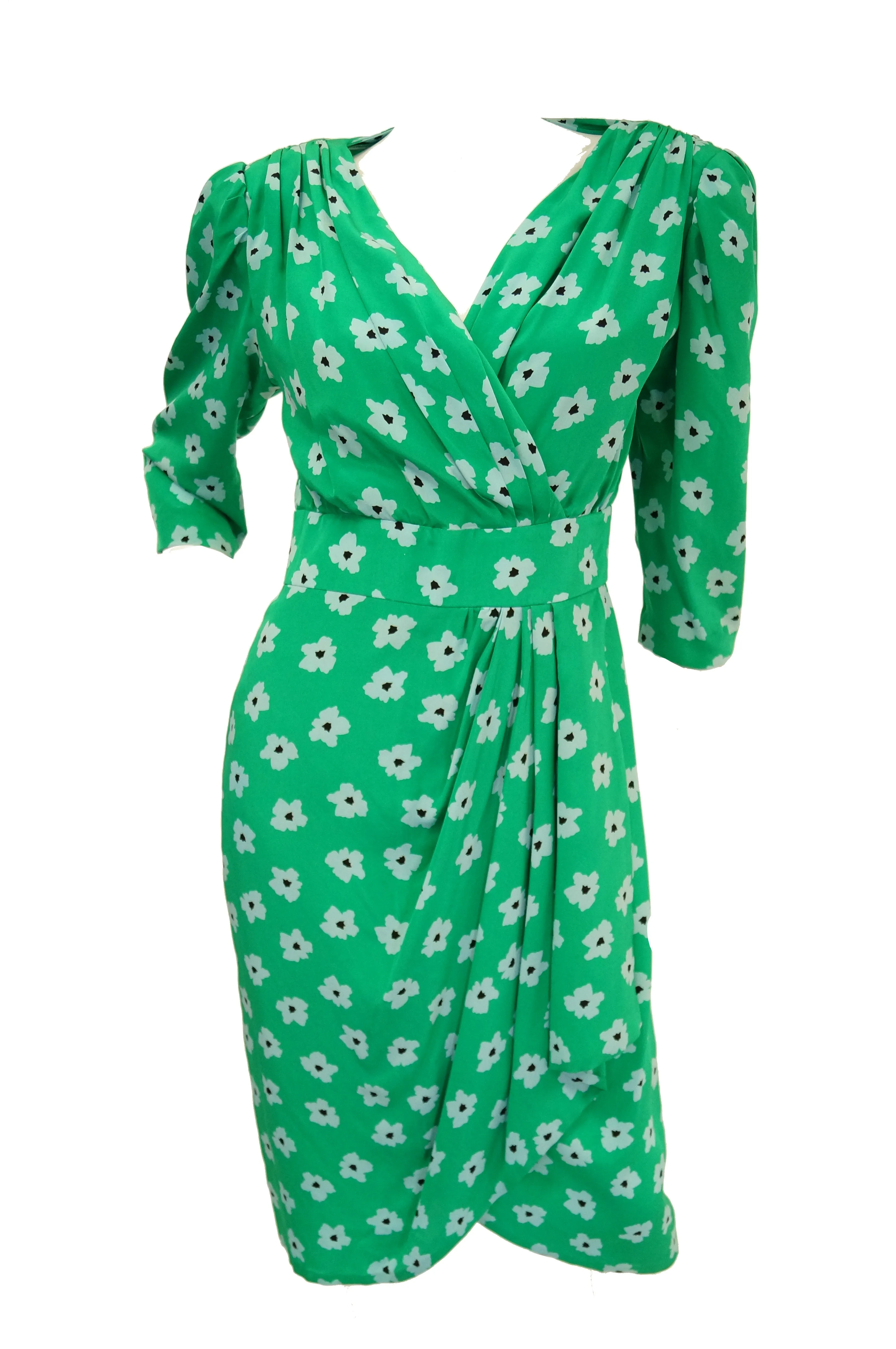 1980s Nina Ricci Green Floral Silk Dress