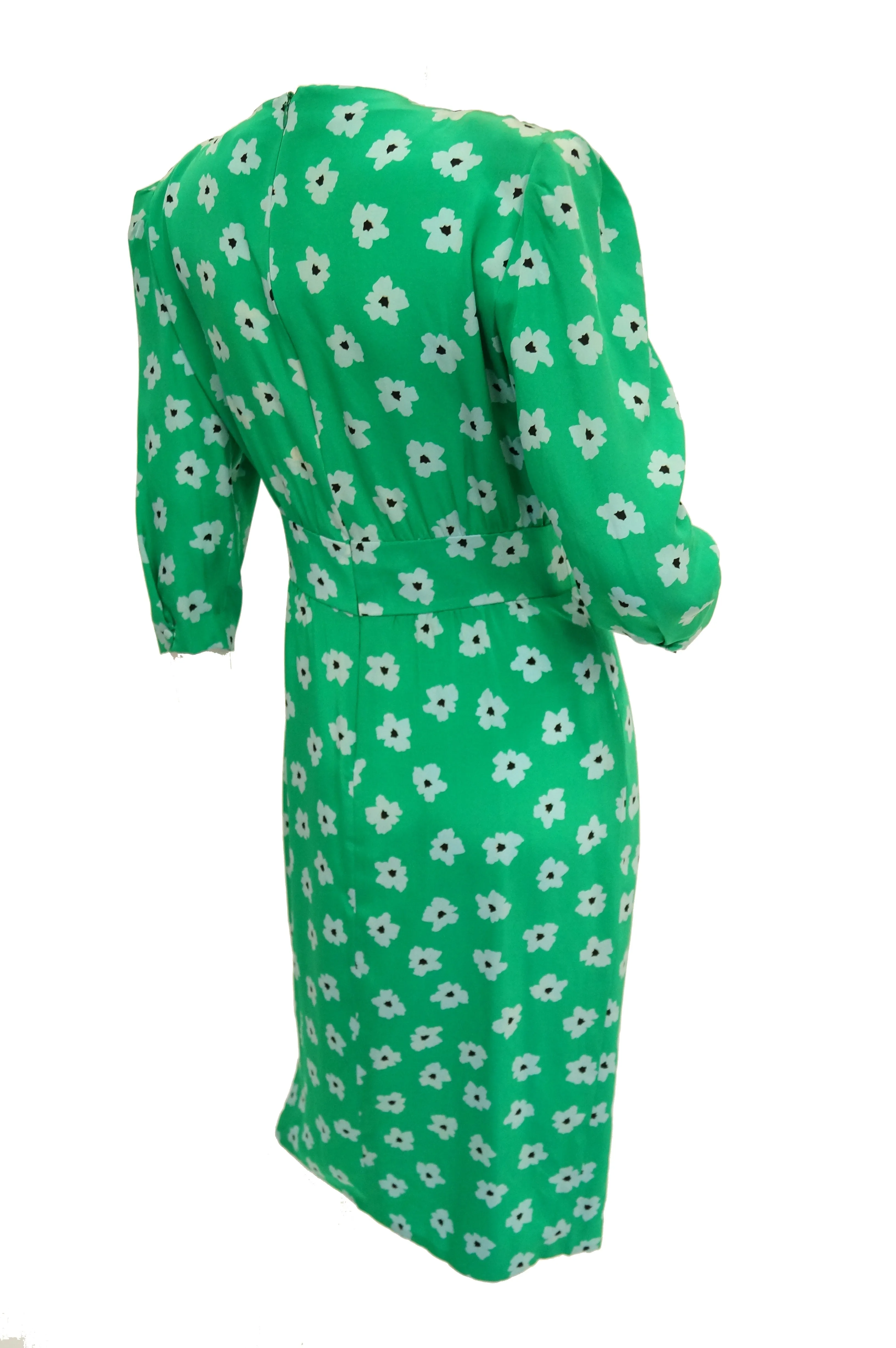 1980s Nina Ricci Green Floral Silk Dress