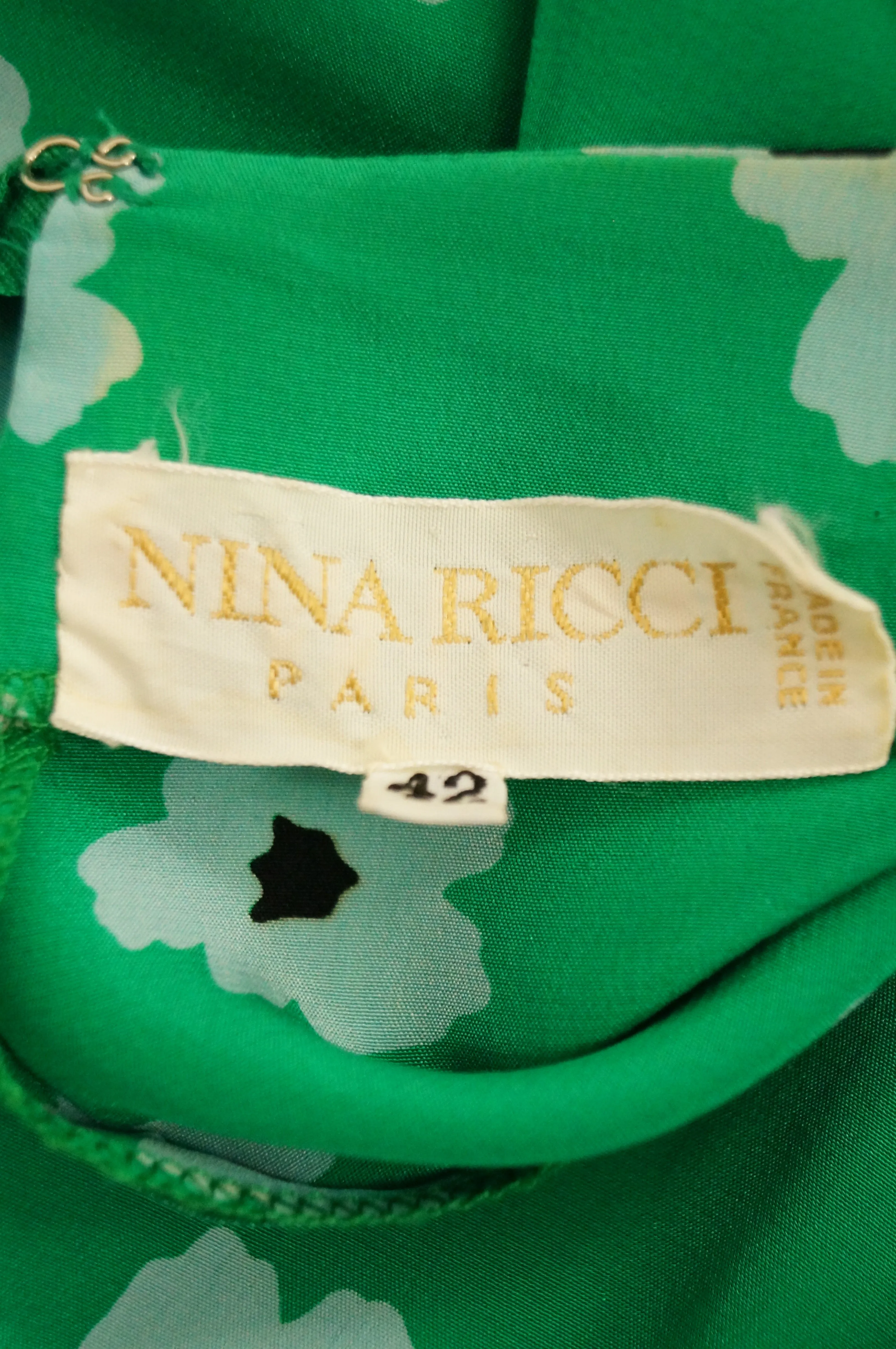 1980s Nina Ricci Green Floral Silk Dress