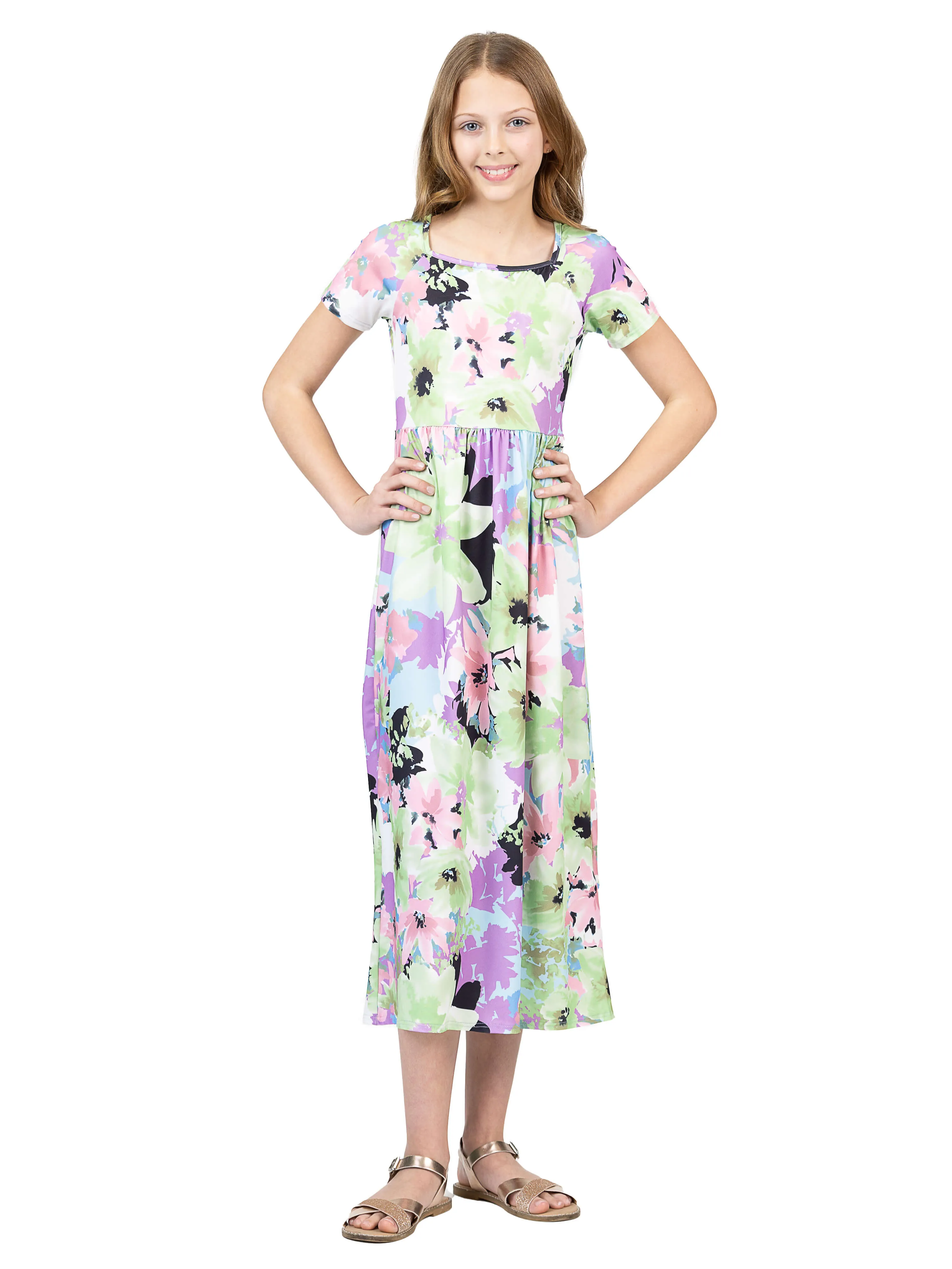 24sevenkid Girls Pastel Floral Print Short Sleeve Maxi Dress