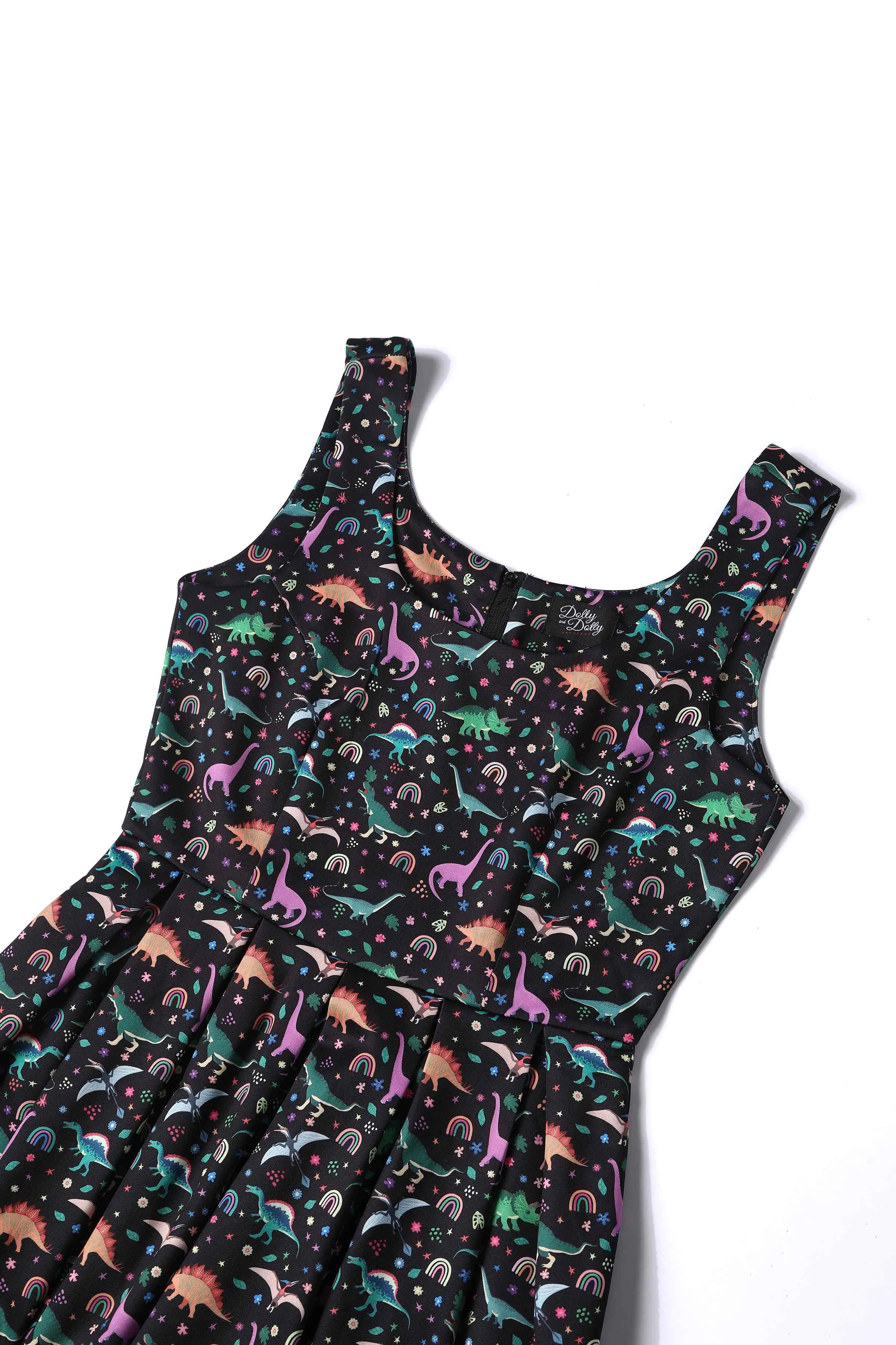 Amanda Black Flared Dress in Dinosaur & Rainbow Print