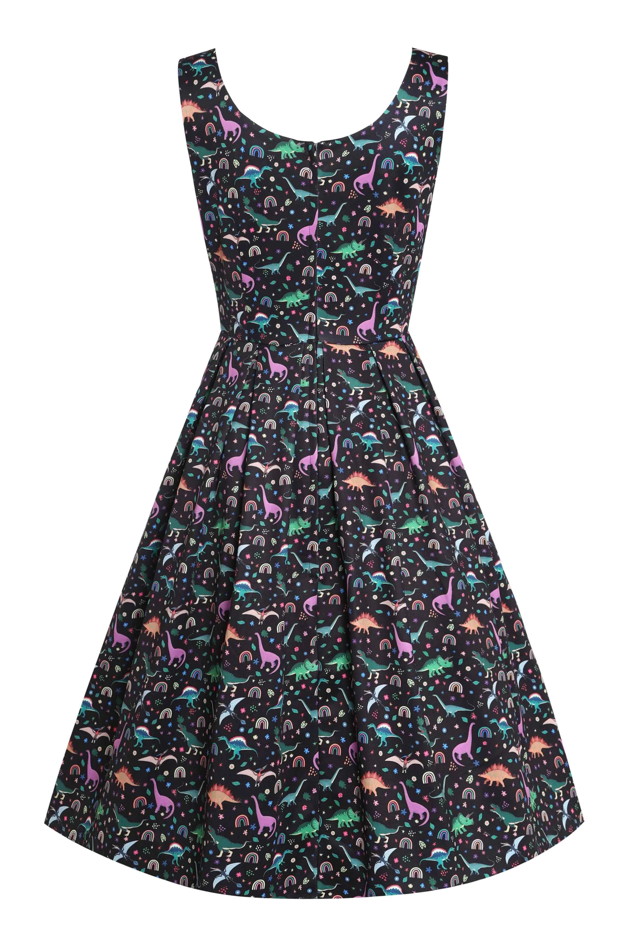 Amanda Black Flared Dress in Dinosaur & Rainbow Print