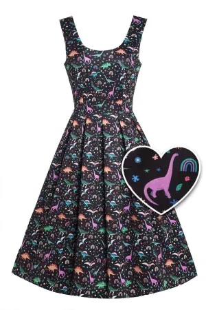 Amanda Black Flared Dress in Dinosaur & Rainbow Print