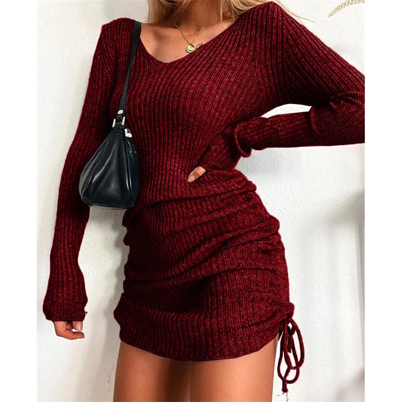 Amozae winter outfits men Dress Women's Sweater Skirt Bottoming Skirt Sexy Slim Thread Skirt Pleated Drawstring