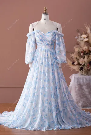 Balloon Sleeve Designer Floral Chiffon Off-shoulder Bridal Dress