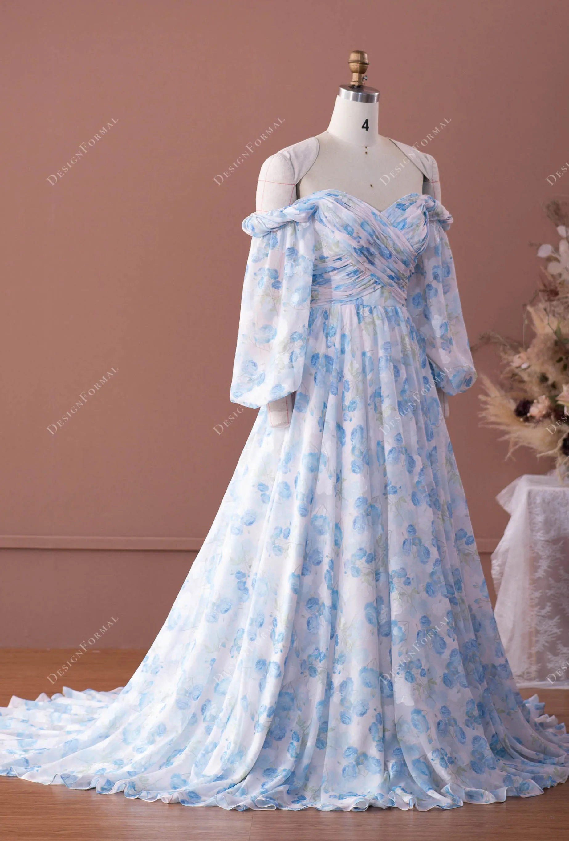 Balloon Sleeve Designer Floral Chiffon Off-shoulder Bridal Dress