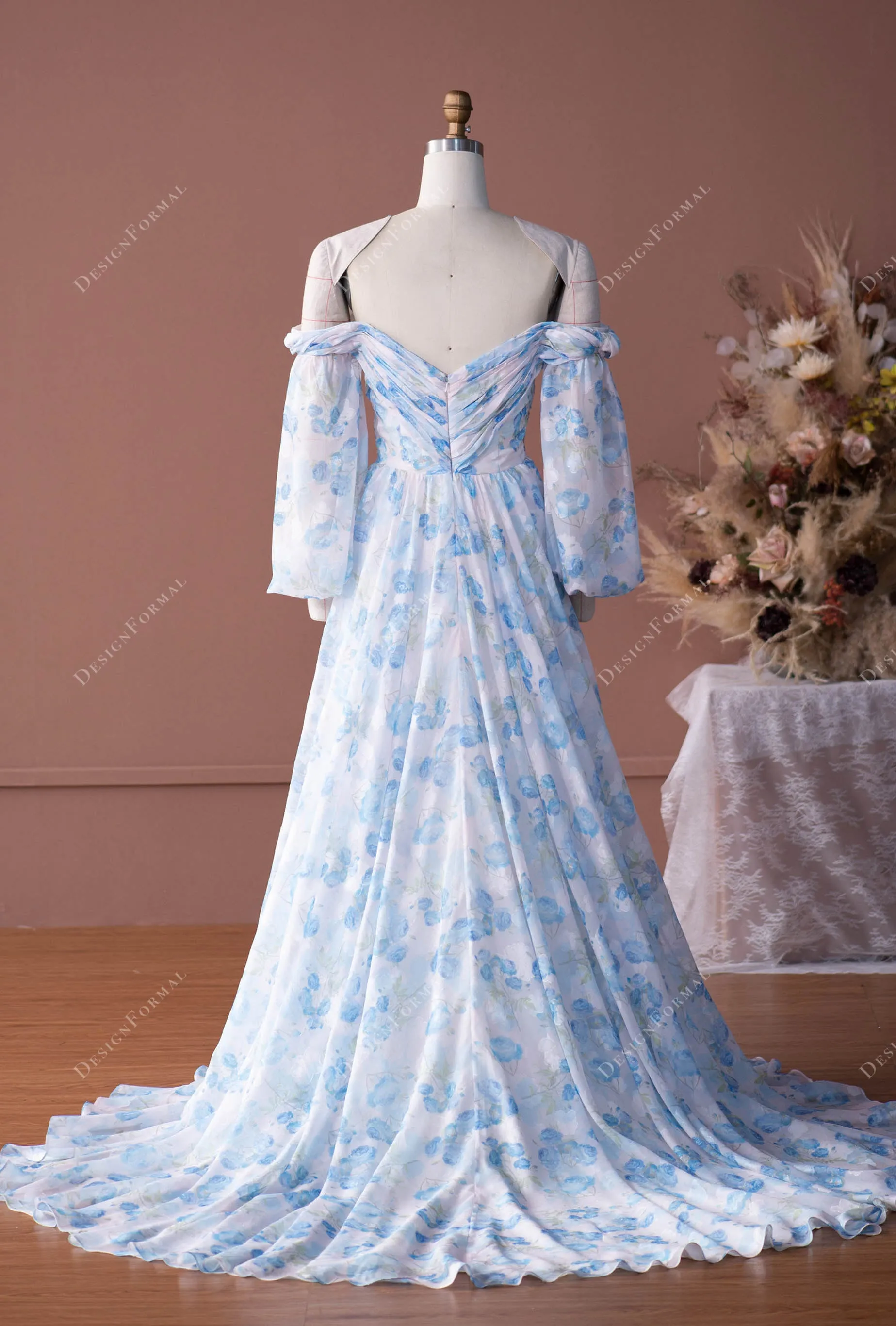 Balloon Sleeve Designer Floral Chiffon Off-shoulder Bridal Dress