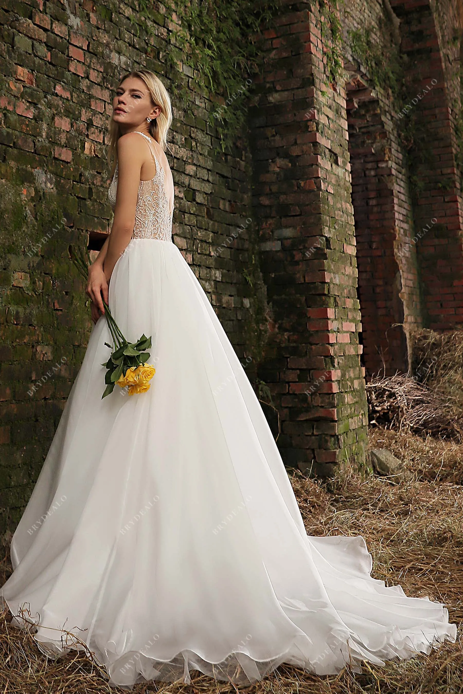 Beaded Illusion Neck Puffy A-line Wedding Gown