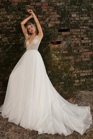 Beaded Illusion Neck Puffy A-line Wedding Gown