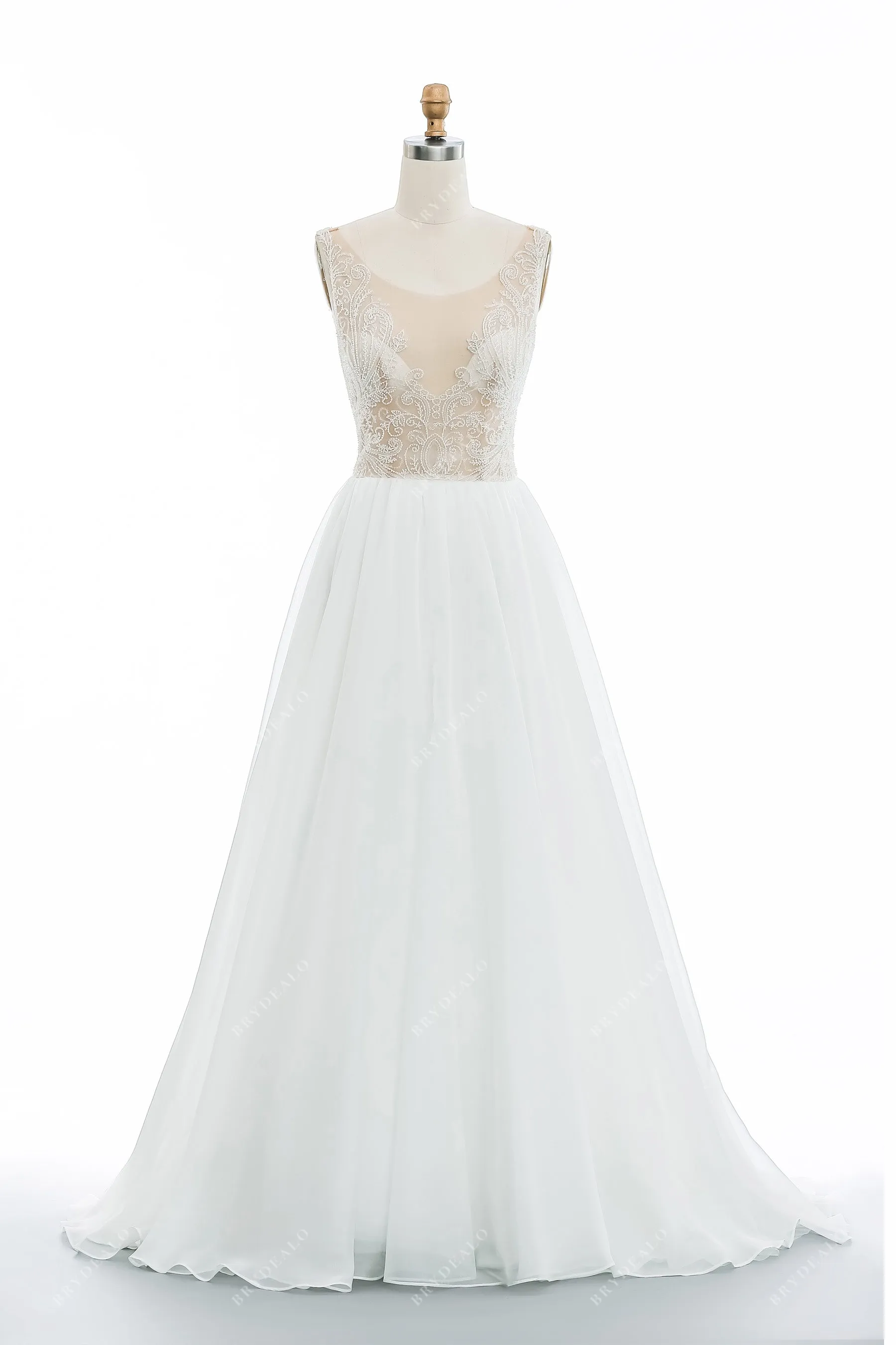 Beaded Illusion Neck Puffy A-line Wedding Gown