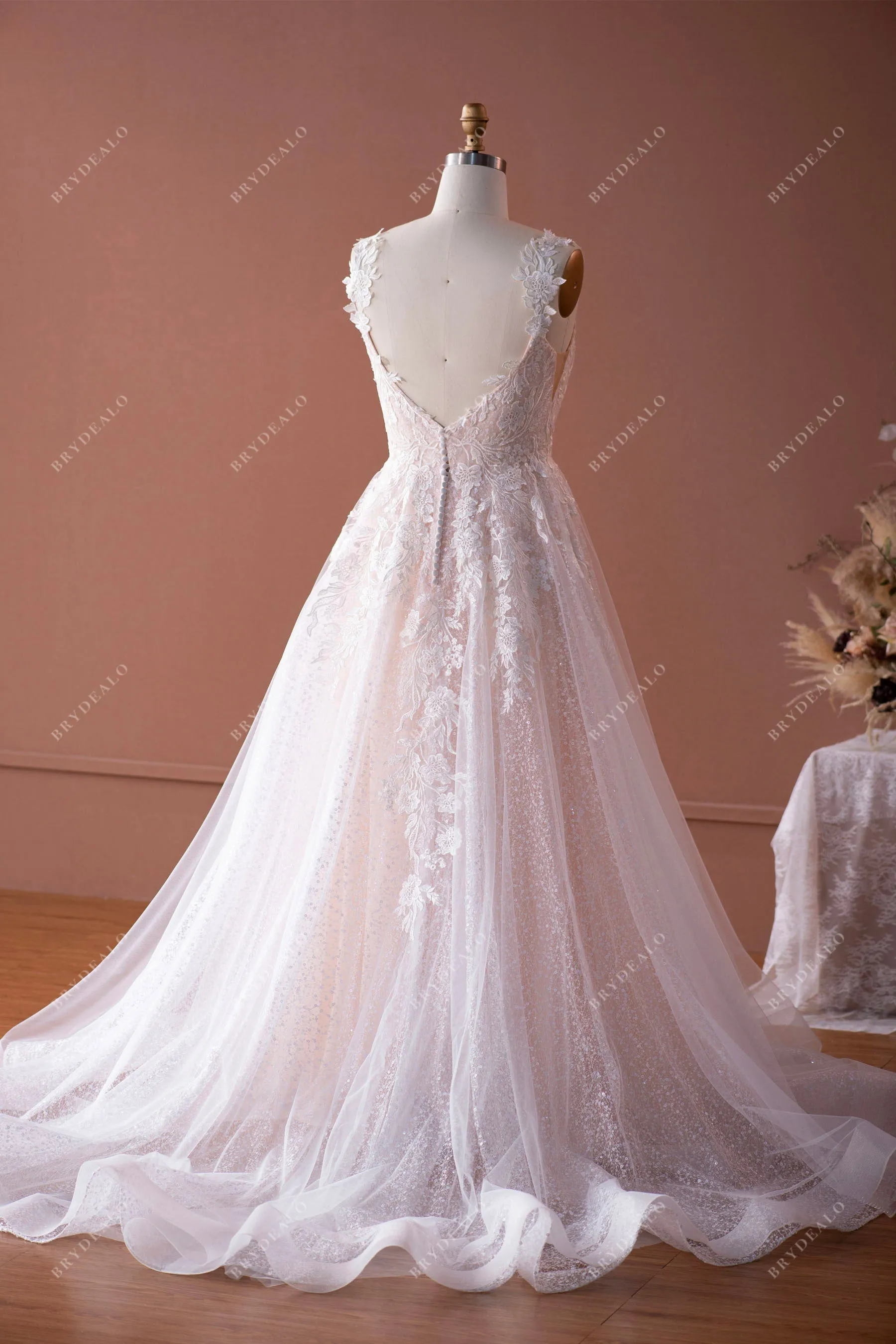 Beautiful Wild Lace Strap Designer Sequin Nude Pink Bridal Ball Gown