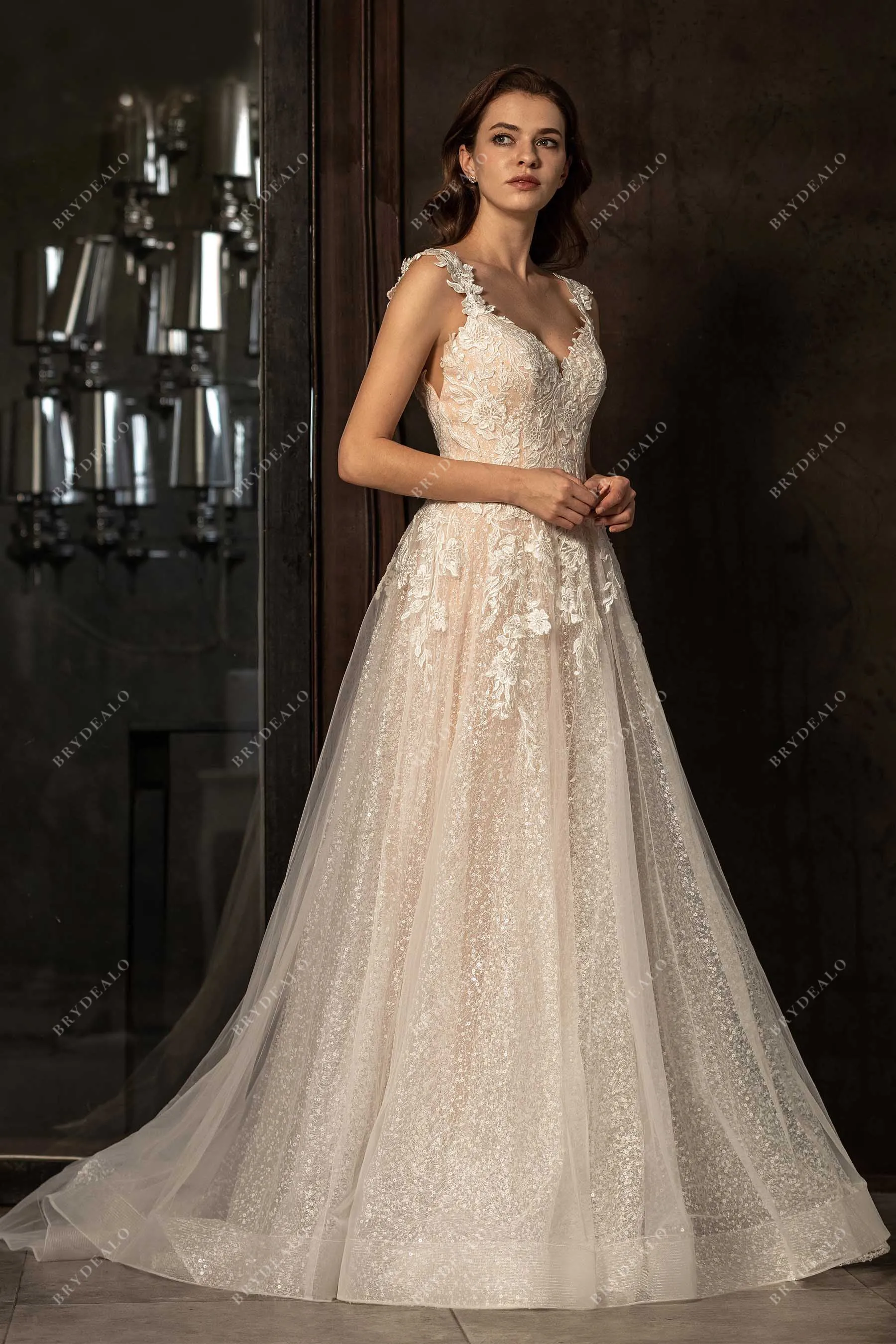 Beautiful Wild Lace Strap Designer Sequin Nude Pink Bridal Ball Gown