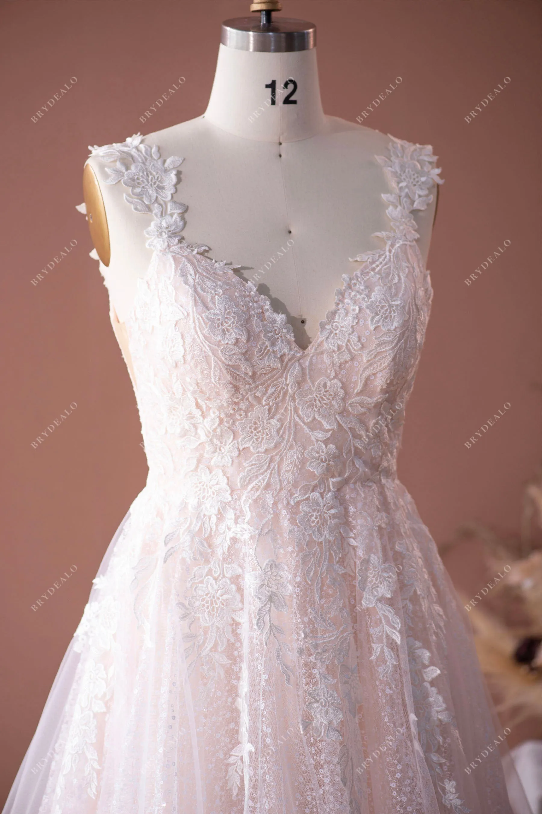 Beautiful Wild Lace Strap Designer Sequin Nude Pink Bridal Ball Gown