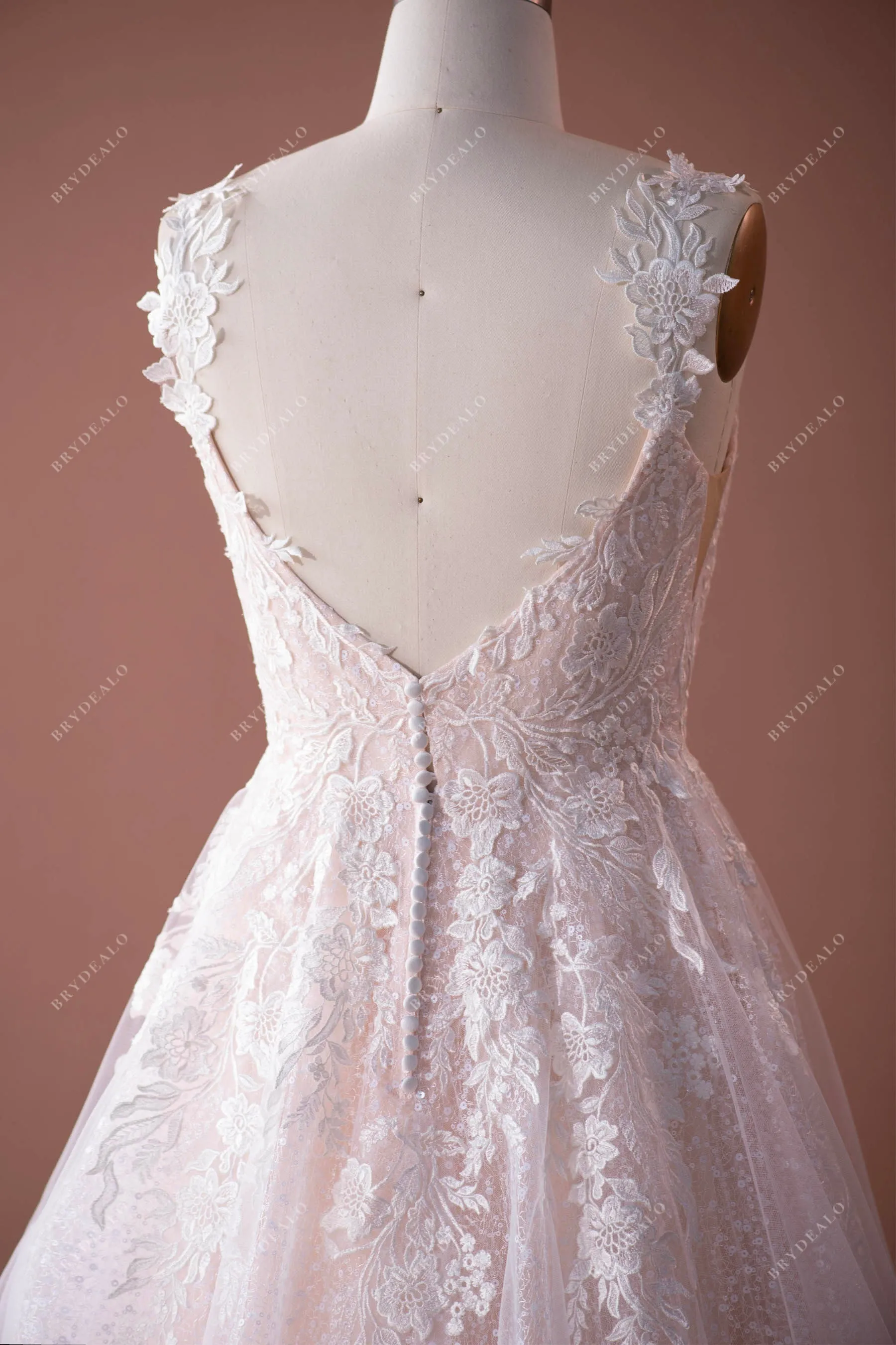 Beautiful Wild Lace Strap Designer Sequin Nude Pink Bridal Ball Gown