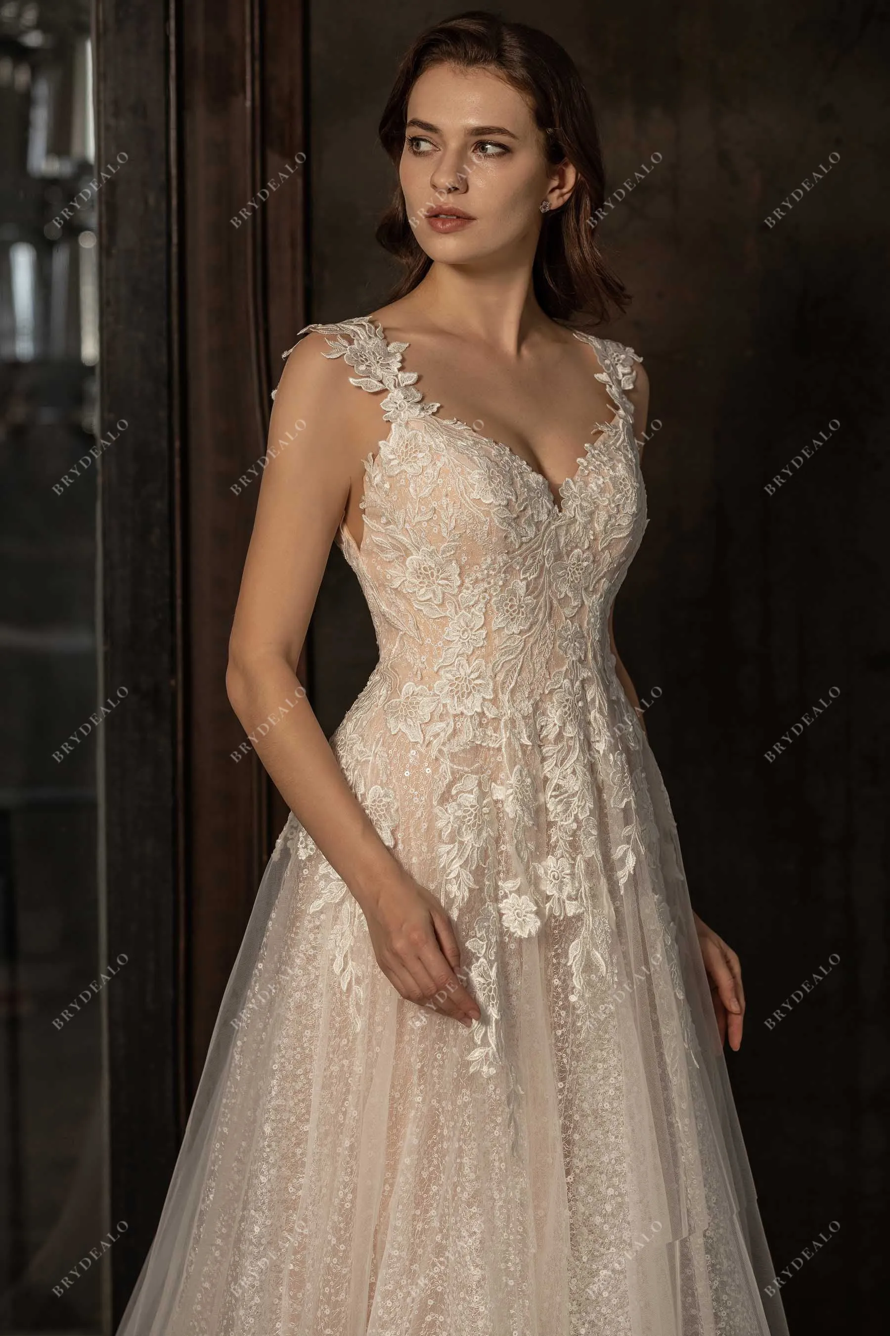 Beautiful Wild Lace Strap Designer Sequin Nude Pink Bridal Ball Gown