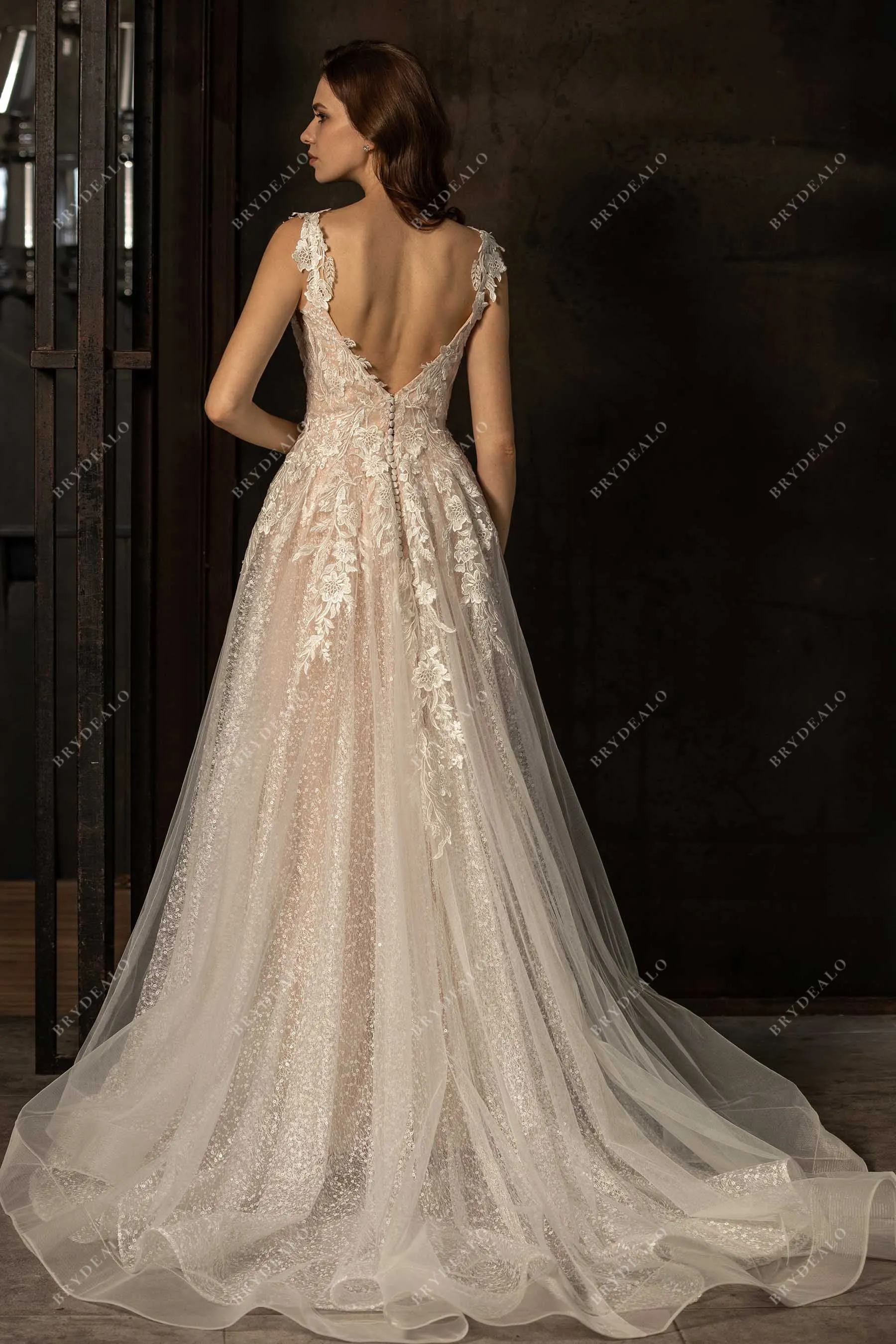 Beautiful Wild Lace Strap Designer Sequin Nude Pink Bridal Ball Gown