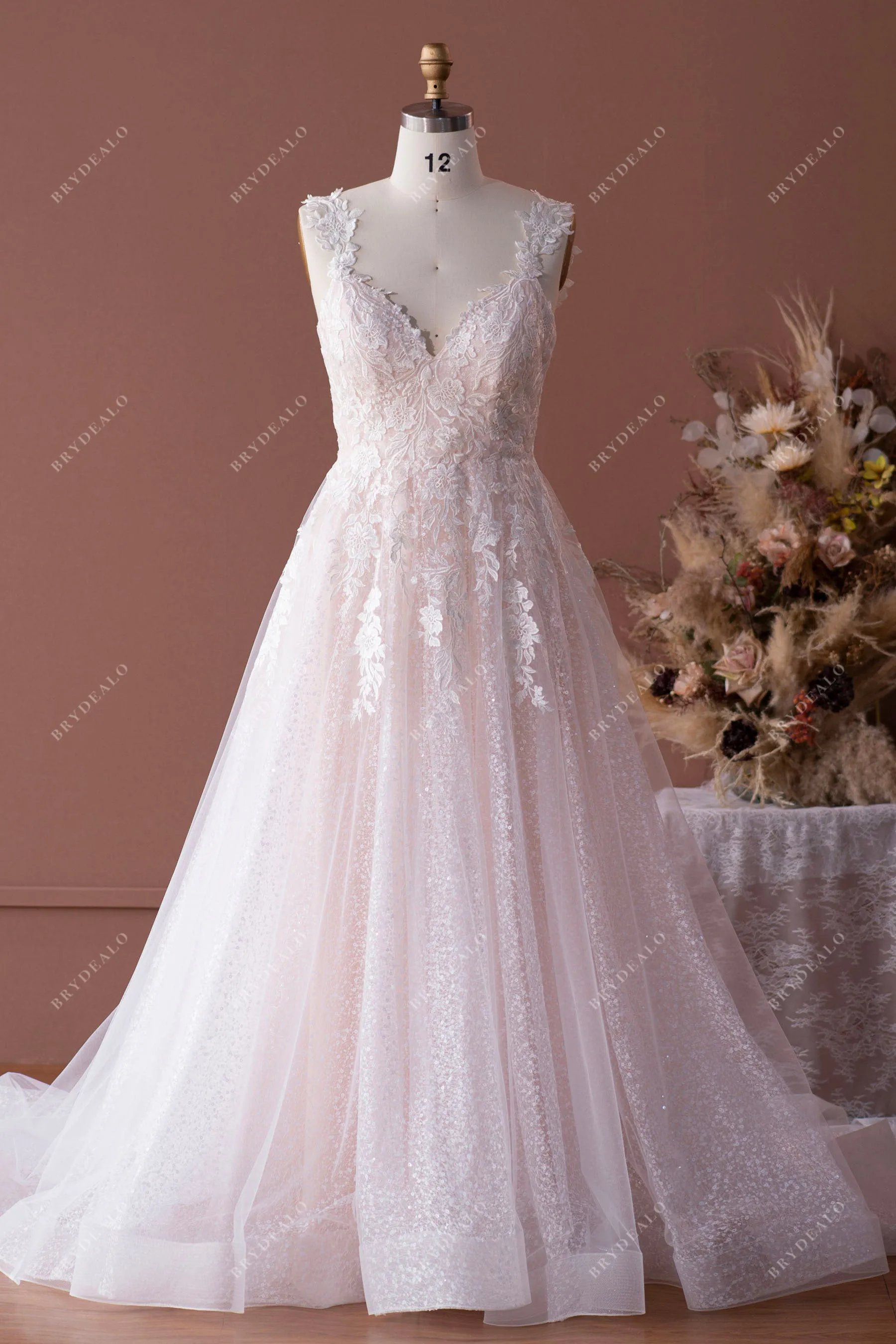 Beautiful Wild Lace Strap Designer Sequin Nude Pink Bridal Ball Gown