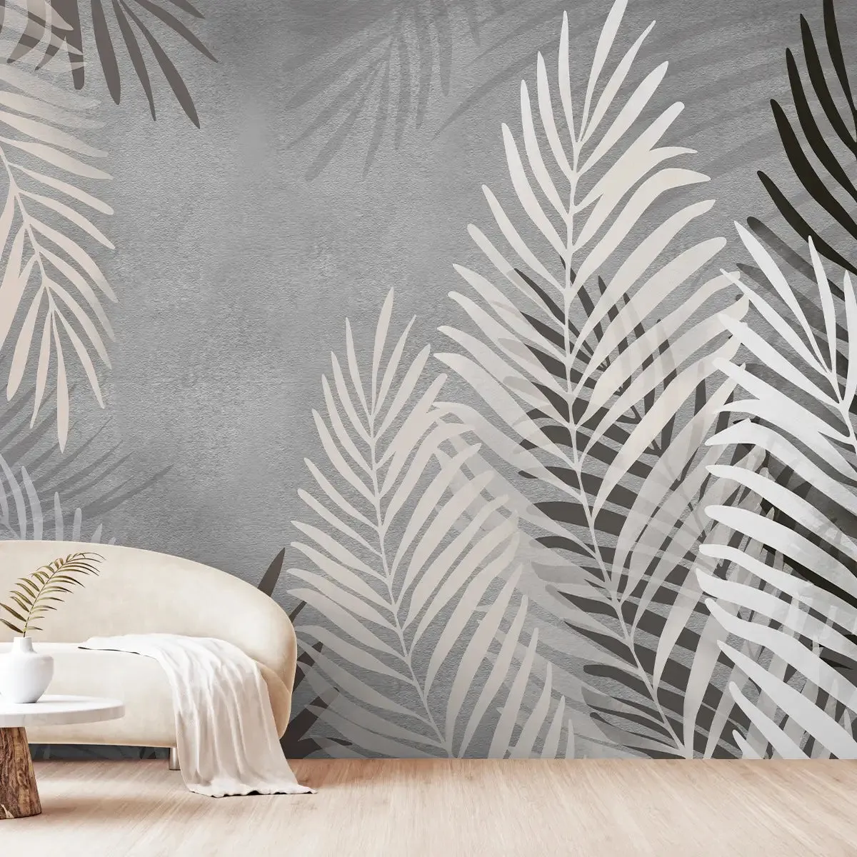 Beige and Grey Background Tropical Leaves Wallpaper, Customised