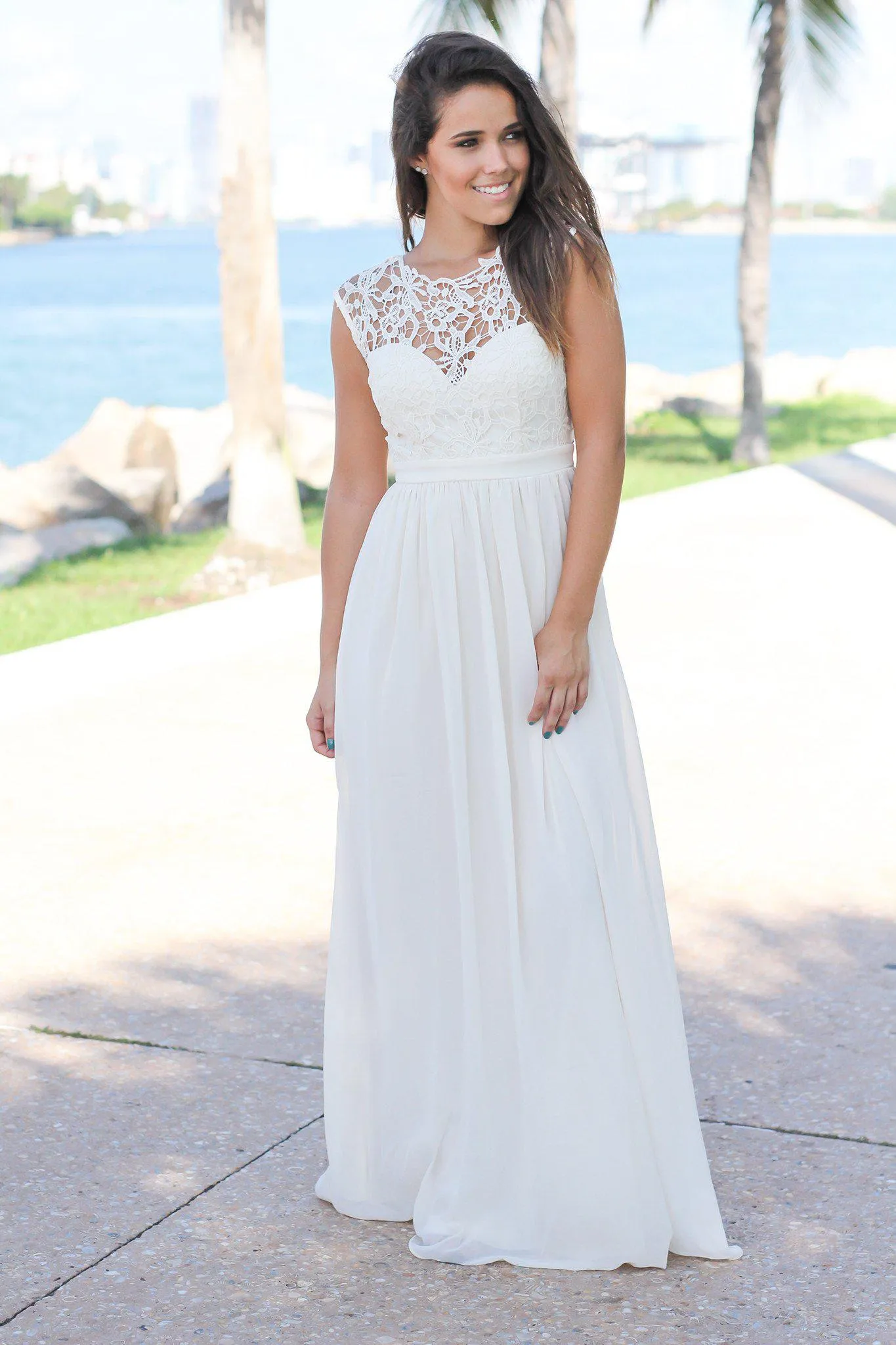 Beige Crochet Maxi Dress with Tulle Back