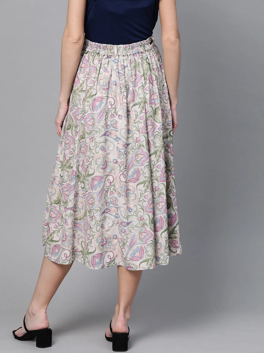 Beige Paisley Flared Belted Skirt