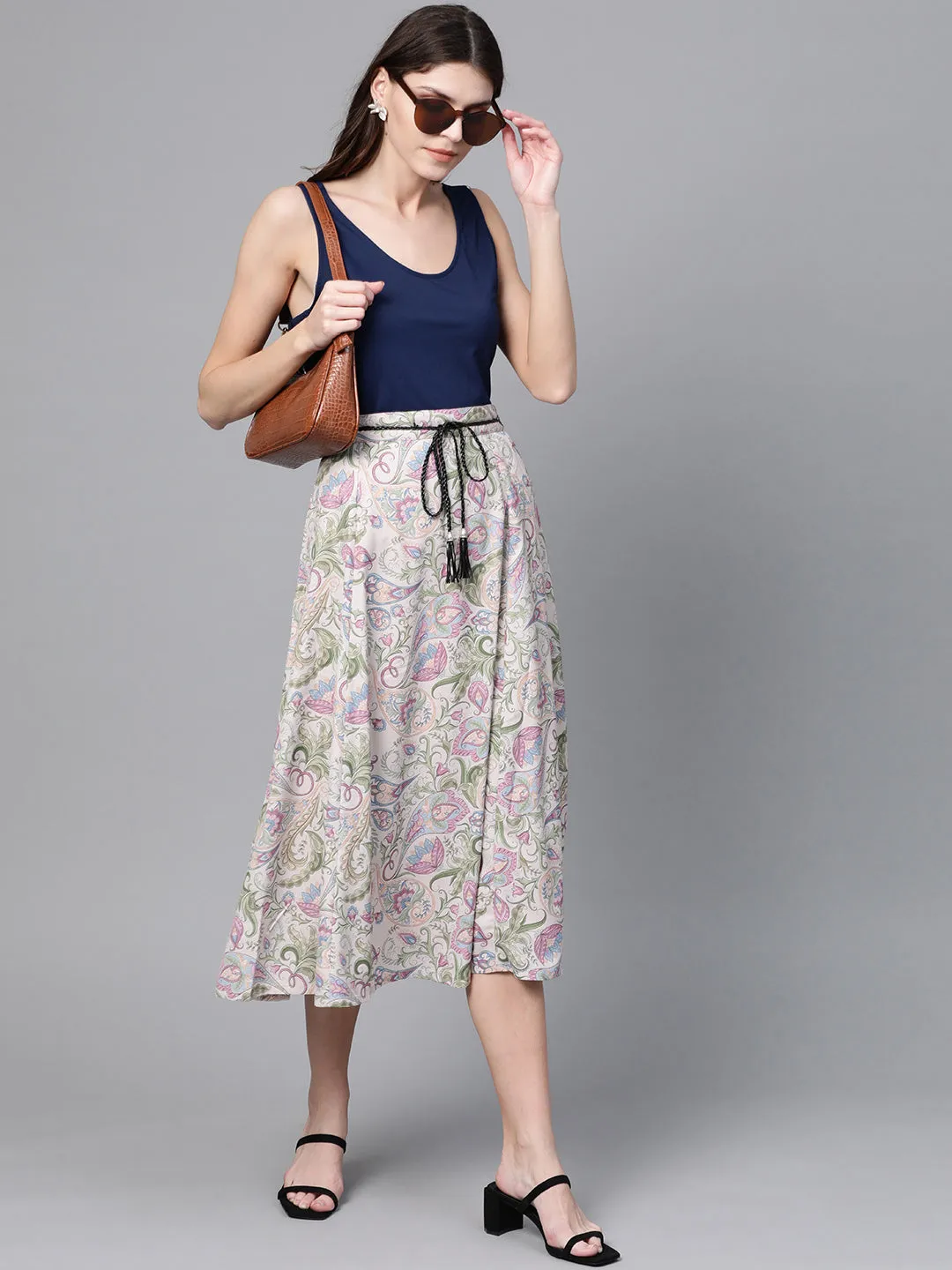 Beige Paisley Flared Belted Skirt