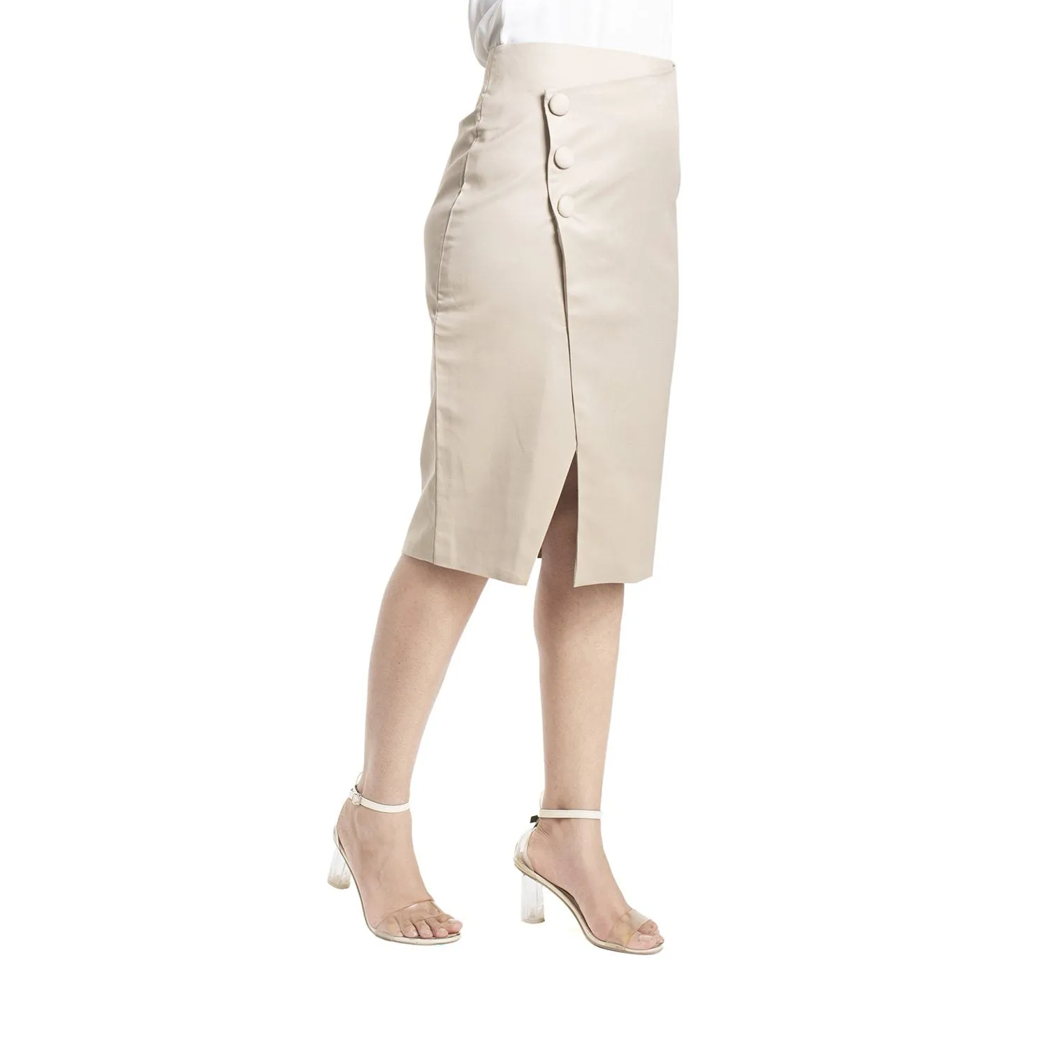 Beige Women officewear Button Detail Skirt