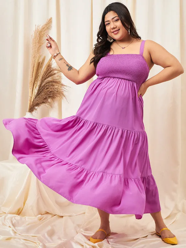 Berrylush Curve Women Solid Purple Square Neck Sleeveless Smocked A-Line Maxi Dress