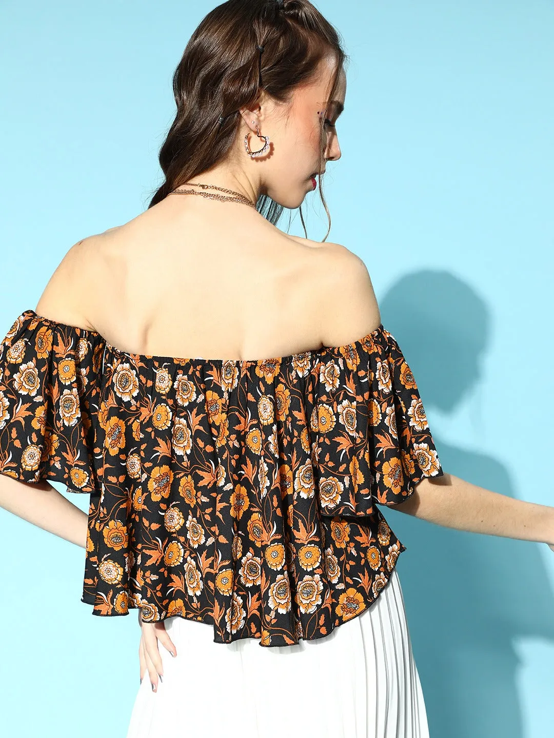 Berrylush Women Black & Mustard Yellow Floral Printed Off-Shoulder Neck Crepe Pleated Bardot Crop Top