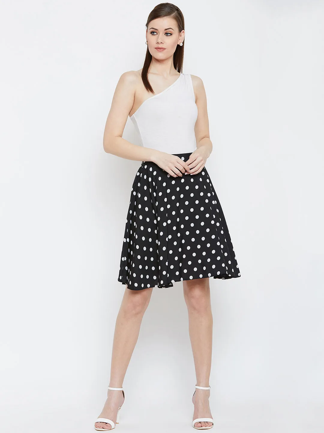 Berrylush Women Black & White Polka Dot Printed Elastic Waist Flared Mini Skirt