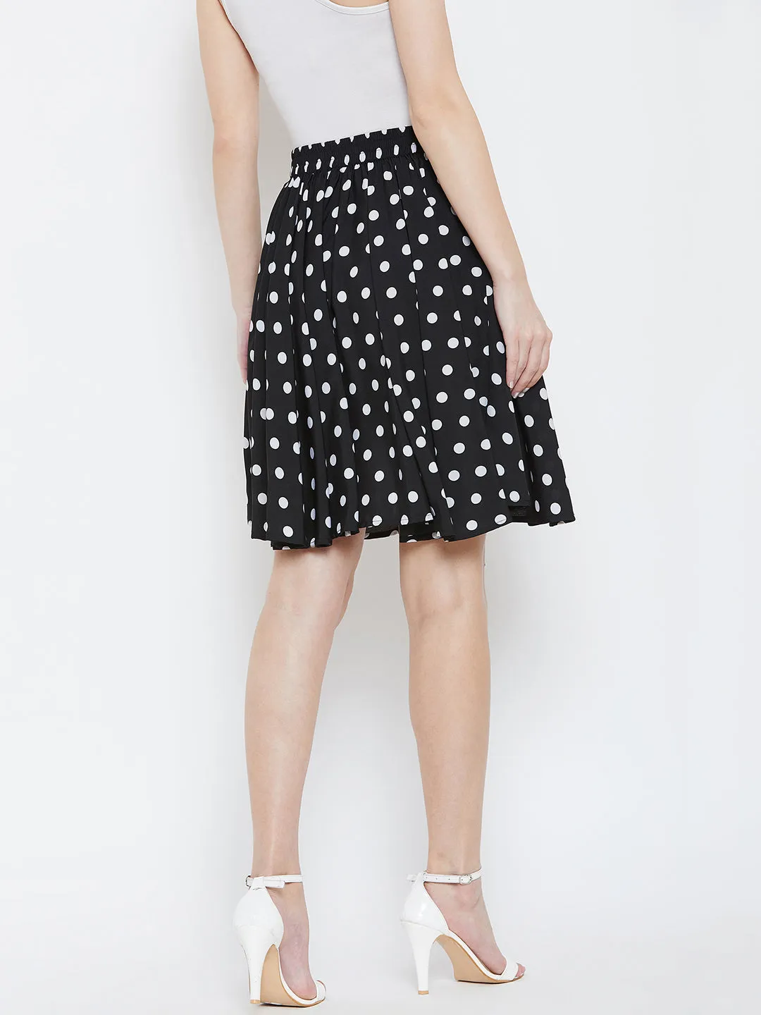 Berrylush Women Black & White Polka Dot Printed Elastic Waist Flared Mini Skirt