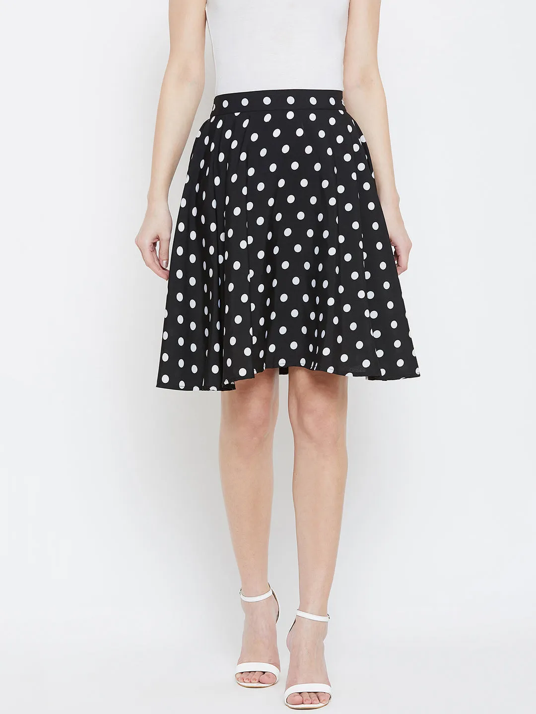 Berrylush Women Black & White Polka Dot Printed Elastic Waist Flared Mini Skirt