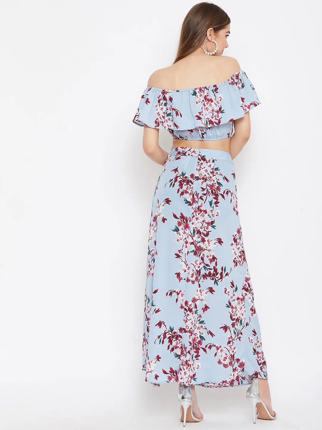 Berrylush Women Blue Floral Printed Off-Shoulder Thigh-High Slit Co-Ordinate Maxi Dress