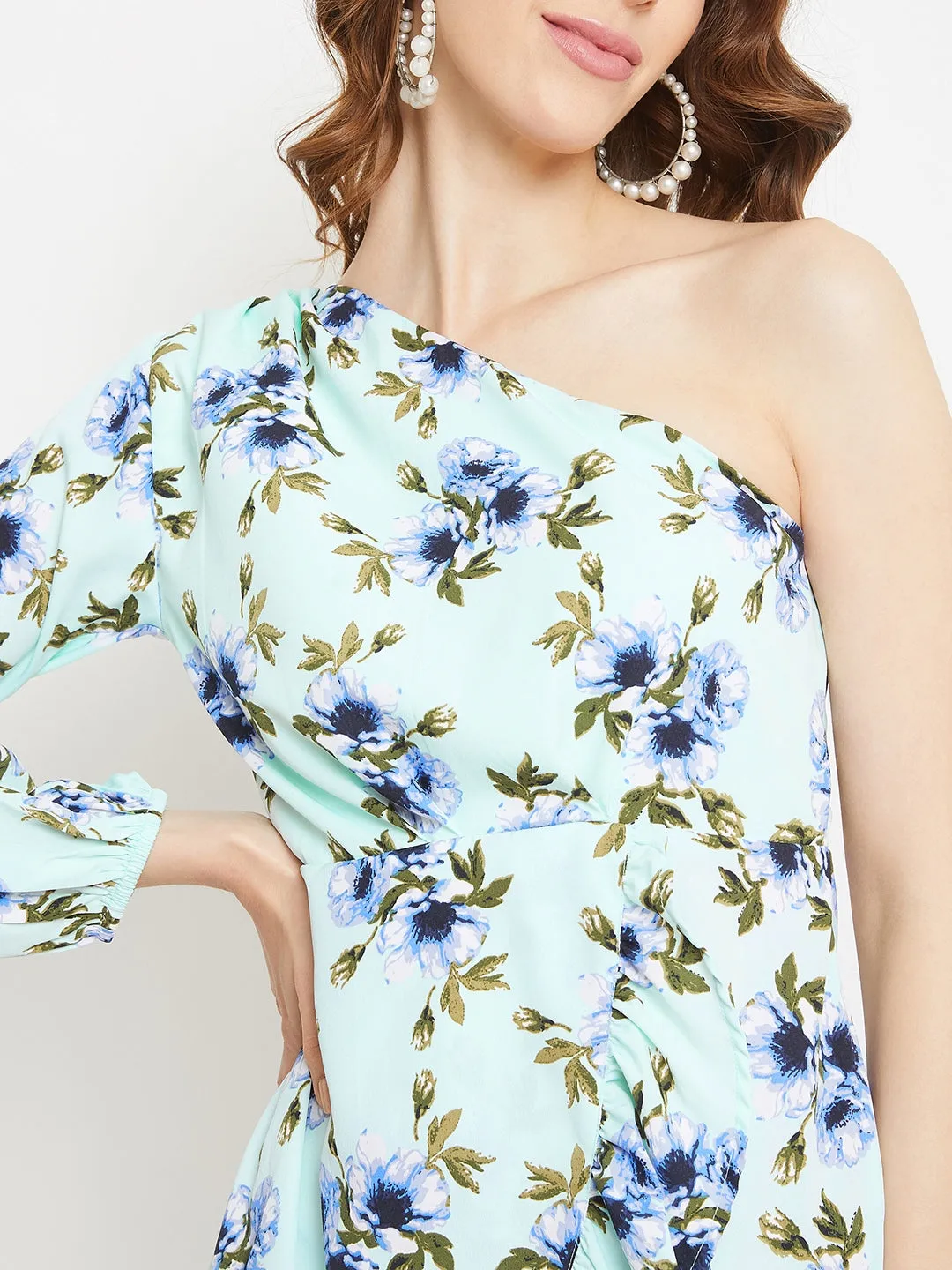 Berrylush Women Green Floral Print One-Shoulder Puff Sleeve Mini Dress