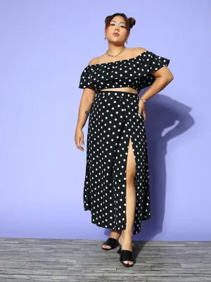 Berrylush Women Plus Size Black & White Polka Dot Printed Off-Shoulder Neck Crop Top & Thigh-High Slit Maxi Skirt Co-Ord Set