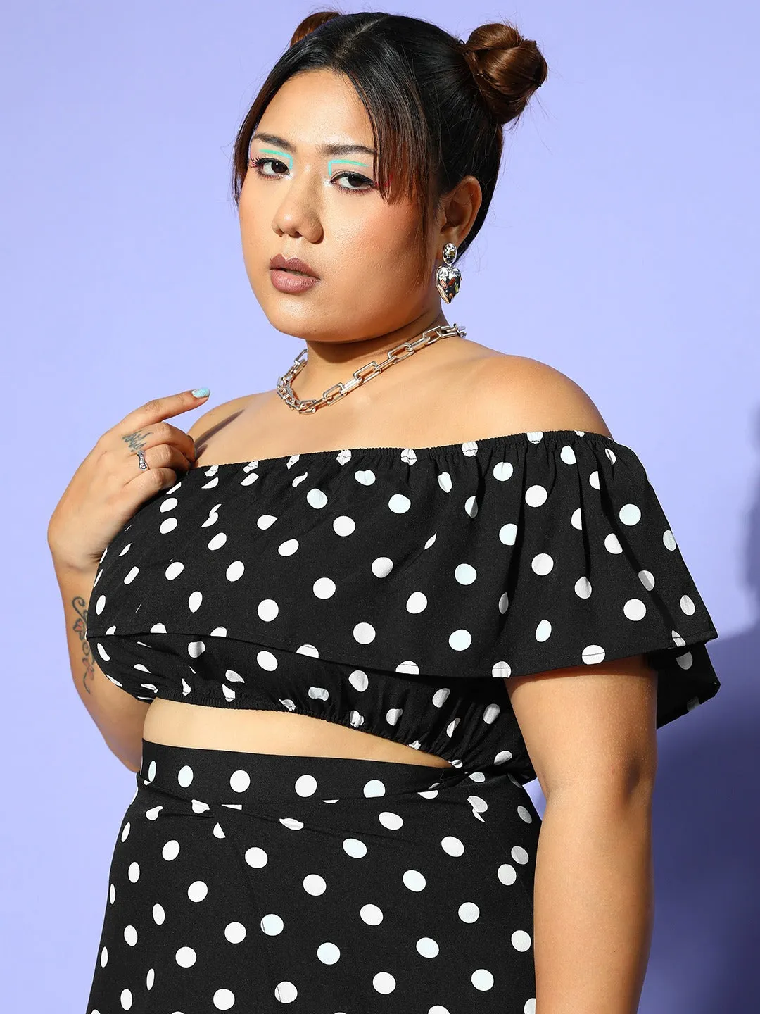 Berrylush Women Plus Size Black & White Polka Dot Printed Off-Shoulder Neck Crop Top & Thigh-High Slit Maxi Skirt Co-Ord Set