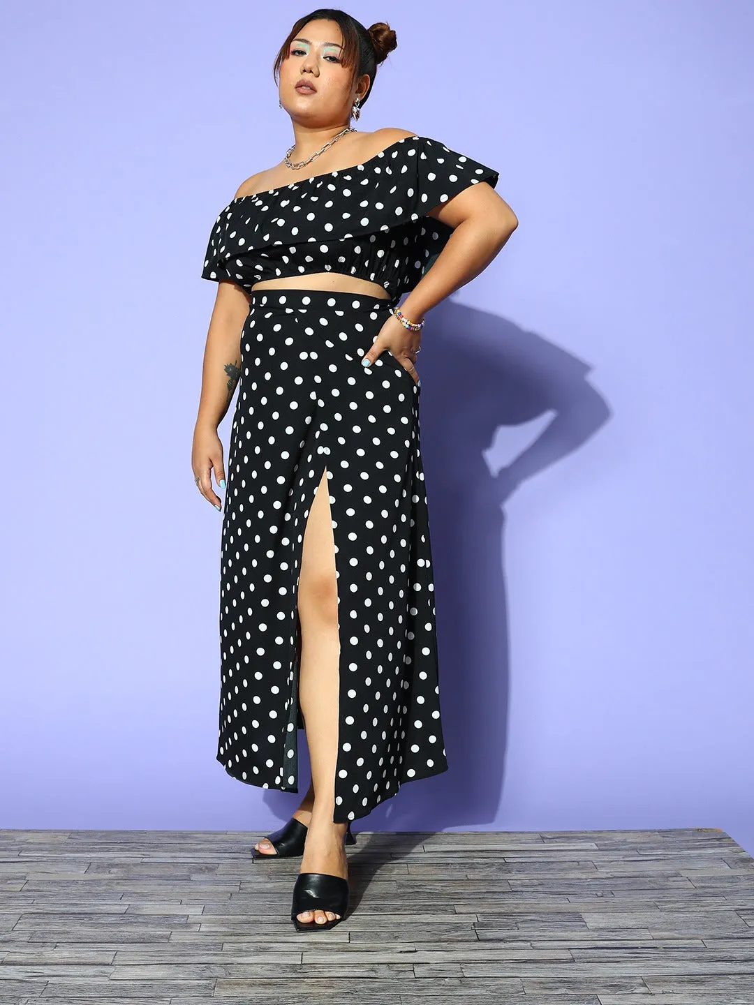 Berrylush Women Plus Size Black & White Polka Dot Printed Off-Shoulder Neck Crop Top & Thigh-High Slit Maxi Skirt Co-Ord Set