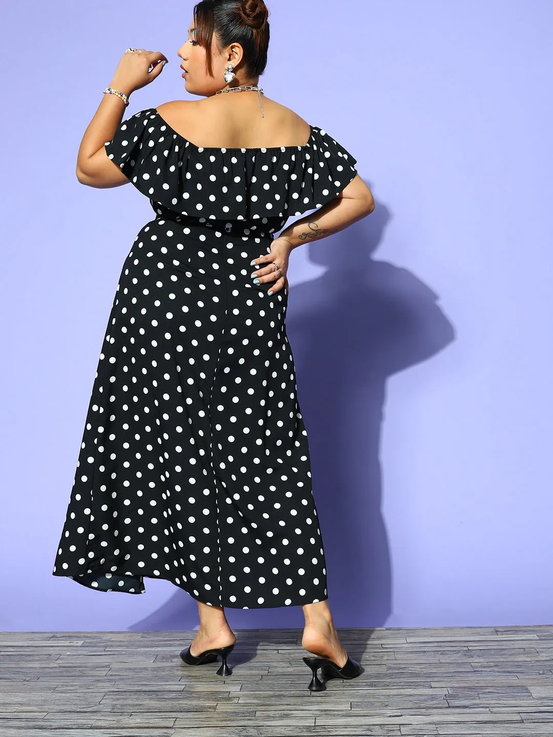 Berrylush Women Plus Size Black & White Polka Dot Printed Off-Shoulder Neck Crop Top & Thigh-High Slit Maxi Skirt Co-Ord Set