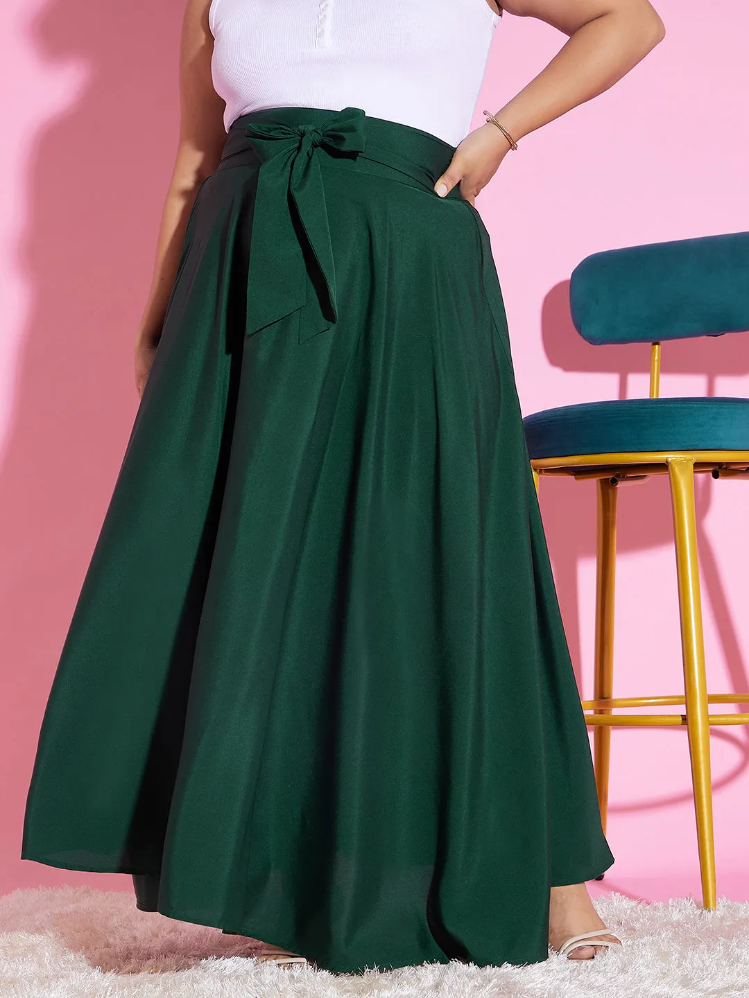 Berrylush Women Plus Size Solid Green High-Rise Tie-Up Waist Slip-On Flared A-Line Maxi Skirt