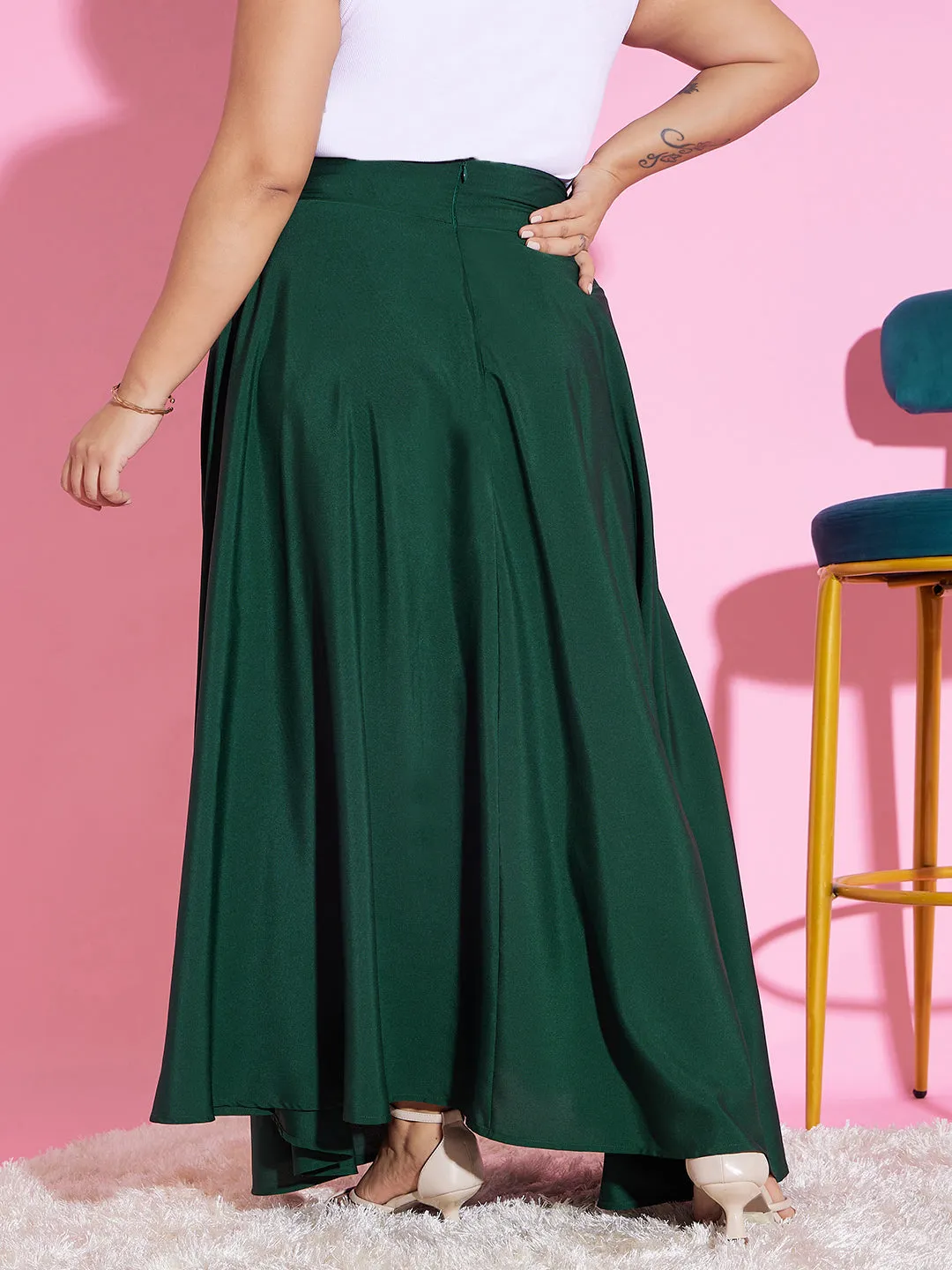 Berrylush Women Plus Size Solid Green High-Rise Tie-Up Waist Slip-On Flared A-Line Maxi Skirt