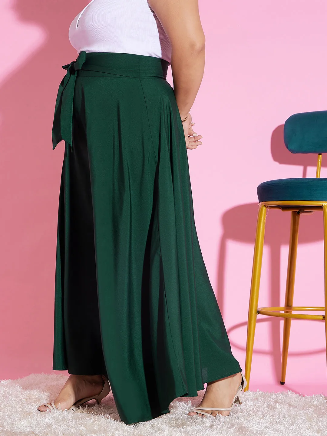 Berrylush Women Plus Size Solid Green High-Rise Tie-Up Waist Slip-On Flared A-Line Maxi Skirt