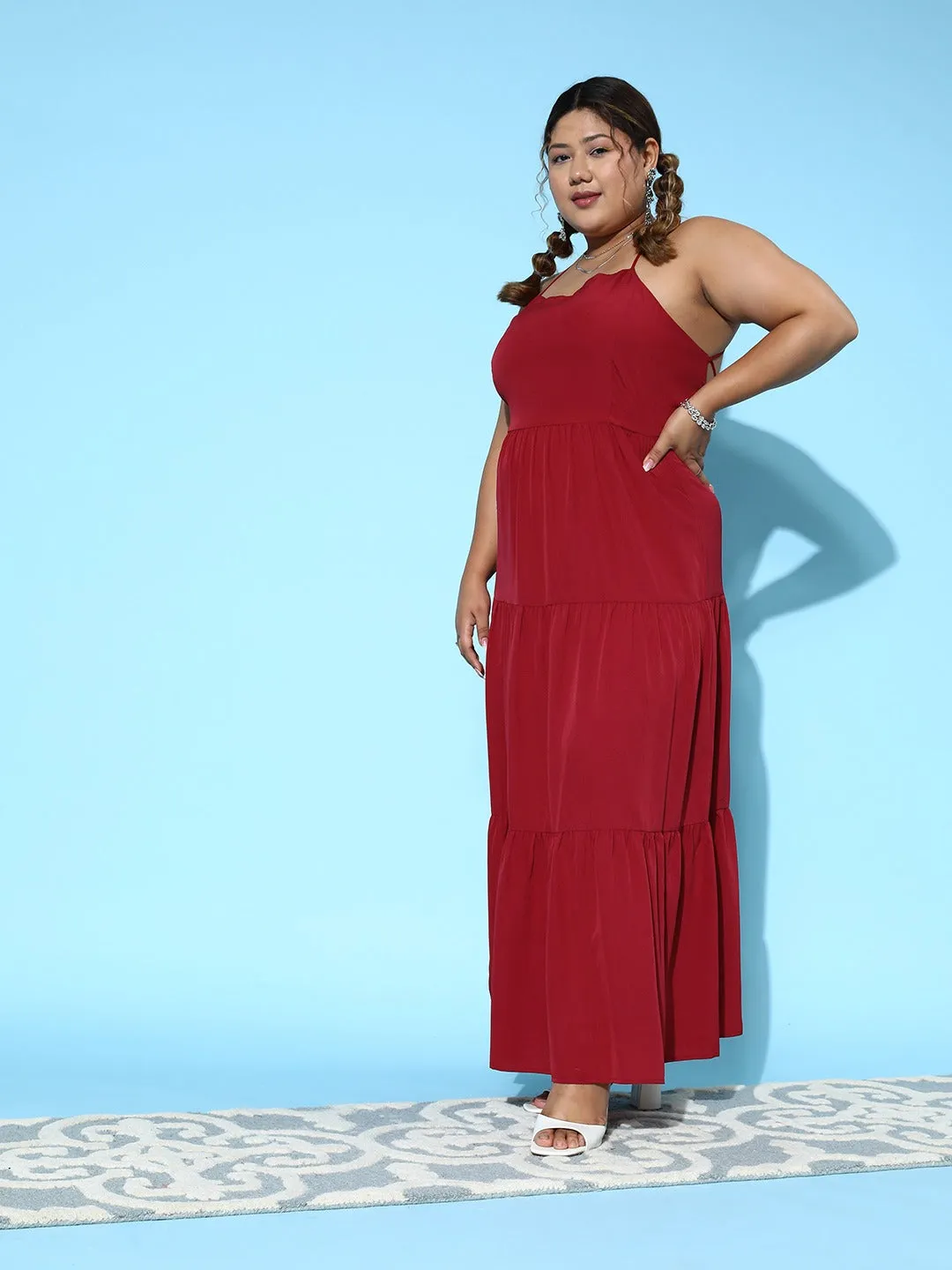 Berrylush Women Plus Size Solid Red Square Neck Sleeveless Tie-Up Caged Back Flared A-Line Maxi Dress