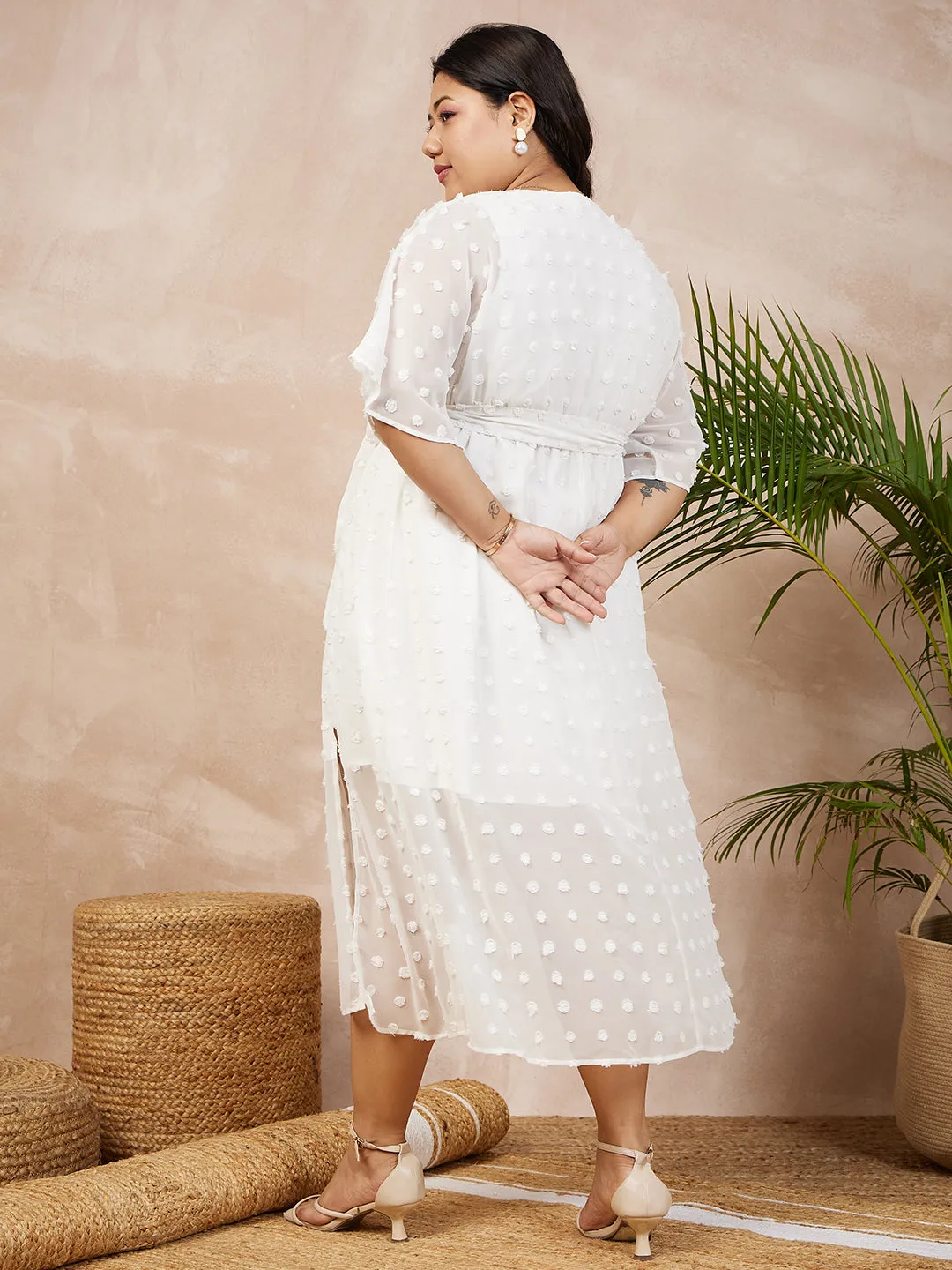 Berrylush Women Plus Size Swiss Dot White V-Neck Batwing Sleeve Tie-Up Waist Georgette Fit & Flare Wrap Maxi Dress