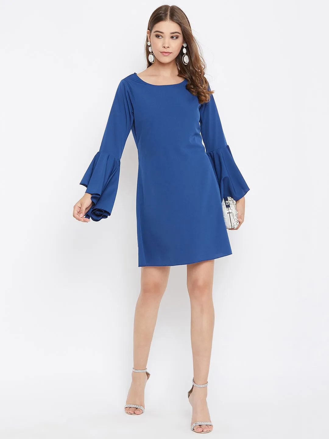 Berrylush Women Solid Blue Round-Neck Flared Sleeves A-Line Mini Dress