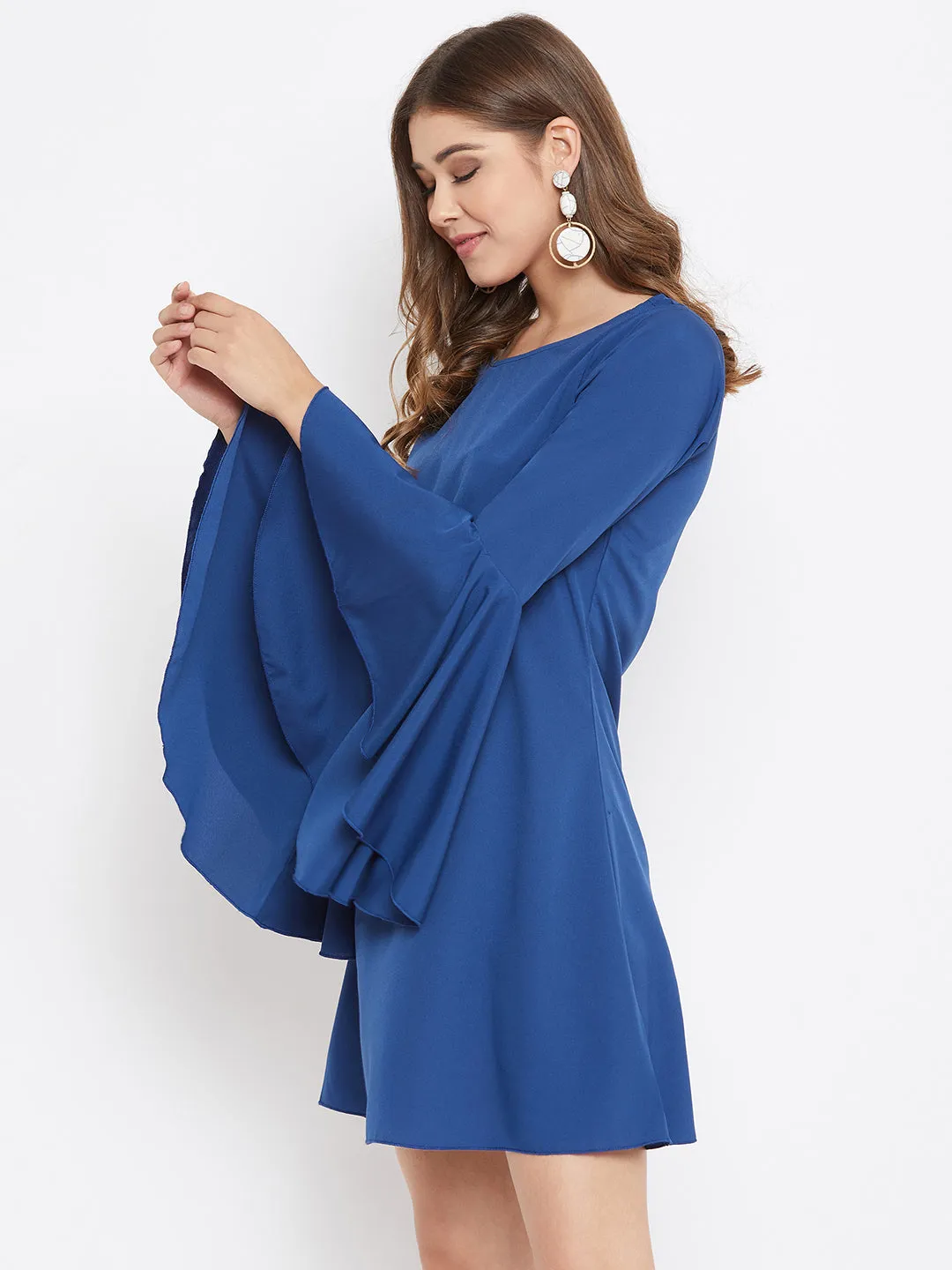 Berrylush Women Solid Blue Round-Neck Flared Sleeves A-Line Mini Dress