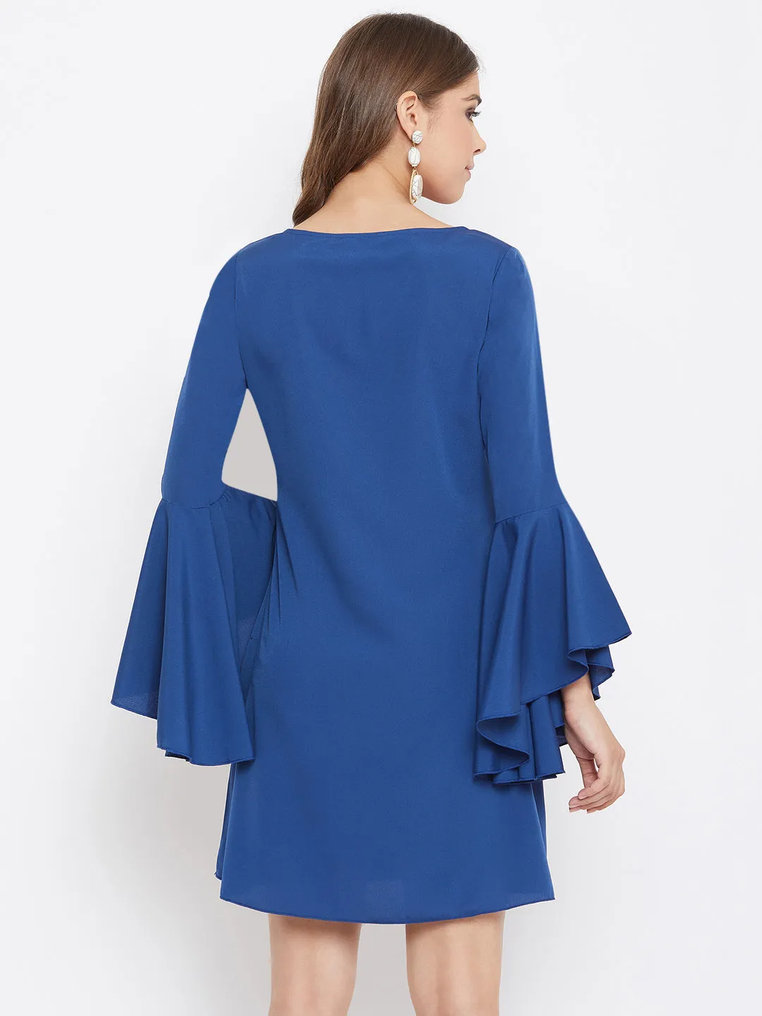 Berrylush Women Solid Blue Round-Neck Flared Sleeves A-Line Mini Dress