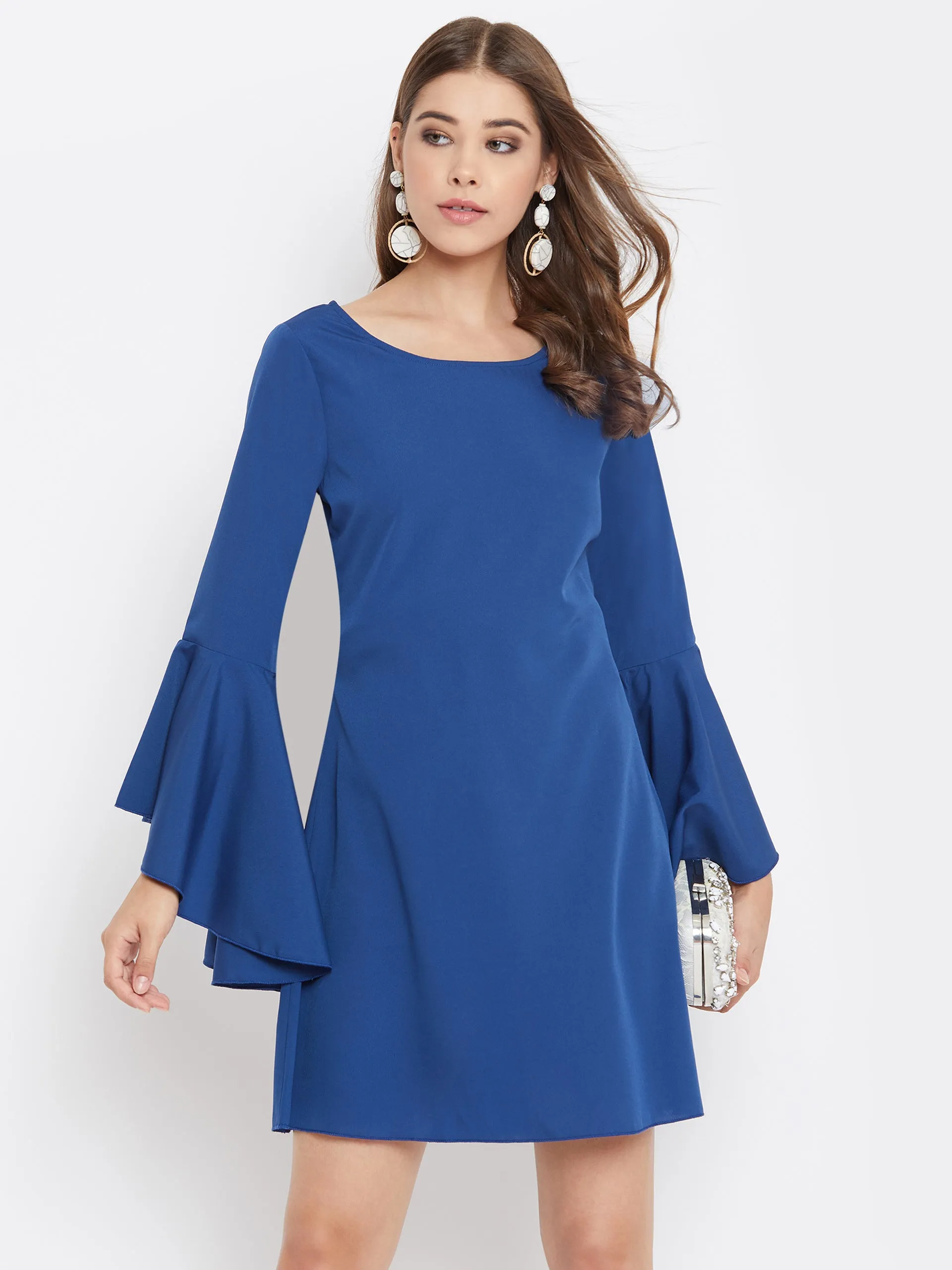 Berrylush Women Solid Blue Round-Neck Flared Sleeves A-Line Mini Dress