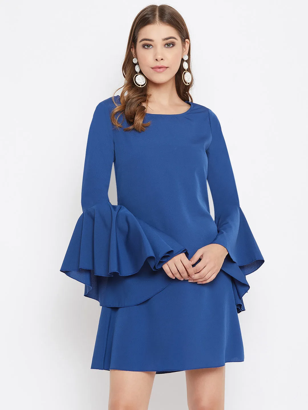 Berrylush Women Solid Blue Round-Neck Flared Sleeves A-Line Mini Dress