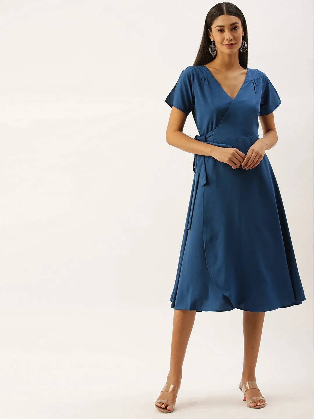 Berrylush Women Solid Blue V-Neck Wrap Midi Dress